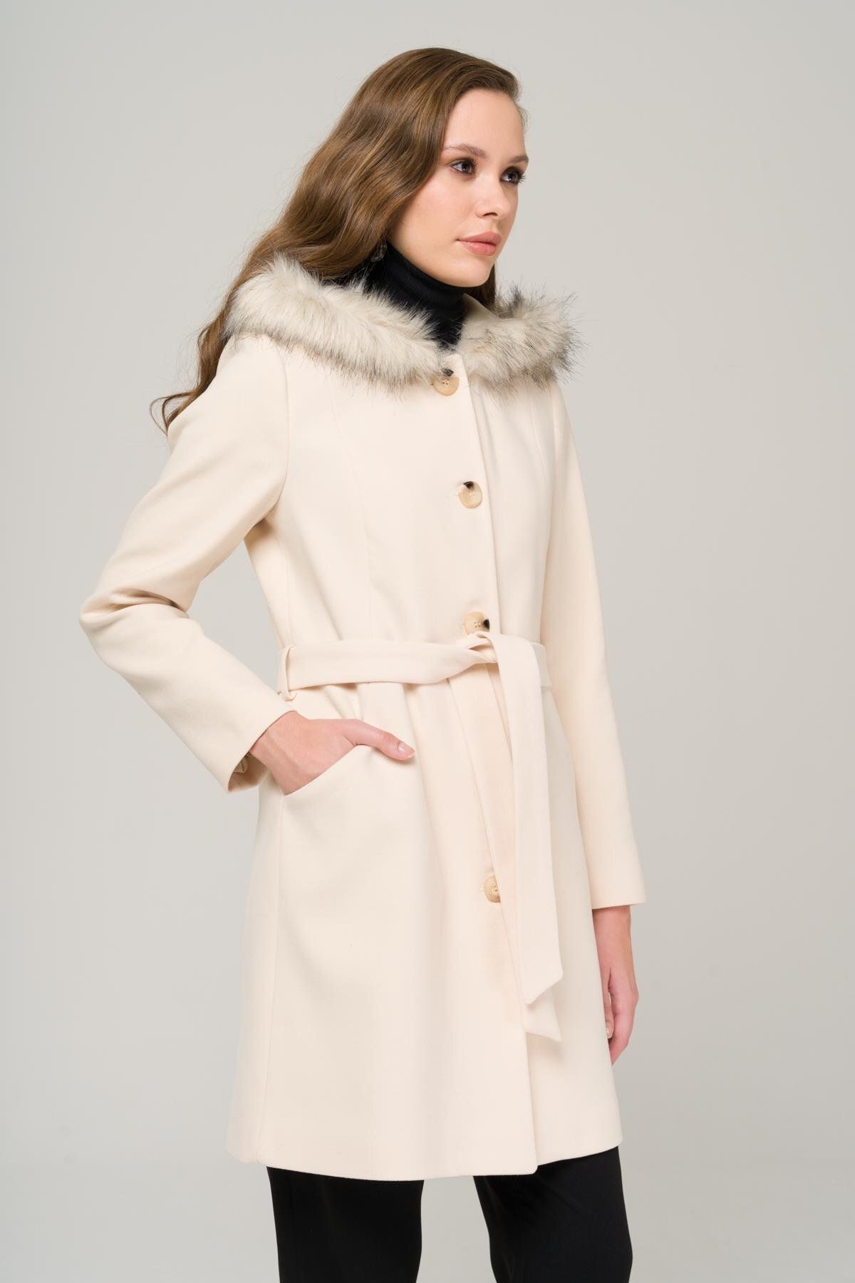 Olcay-Hooded Furry Belted Coat EKRU 3986 6