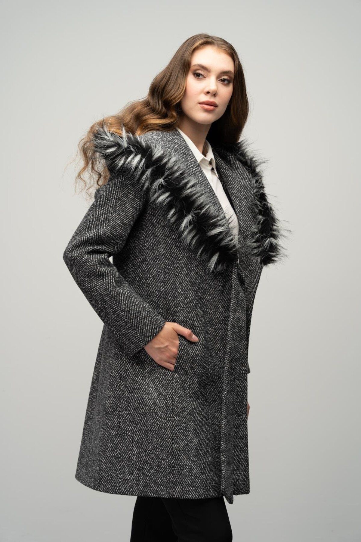 Olcay-Herringbone Pattern - Furry Hood and Belted Black Coat 3044 5