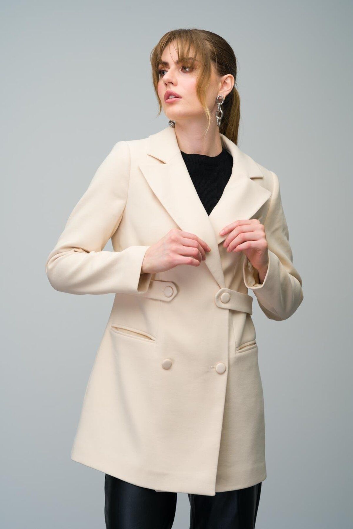 Olcay-Double Breasted Short Coat - Belt Detail, ECRU 3017 3