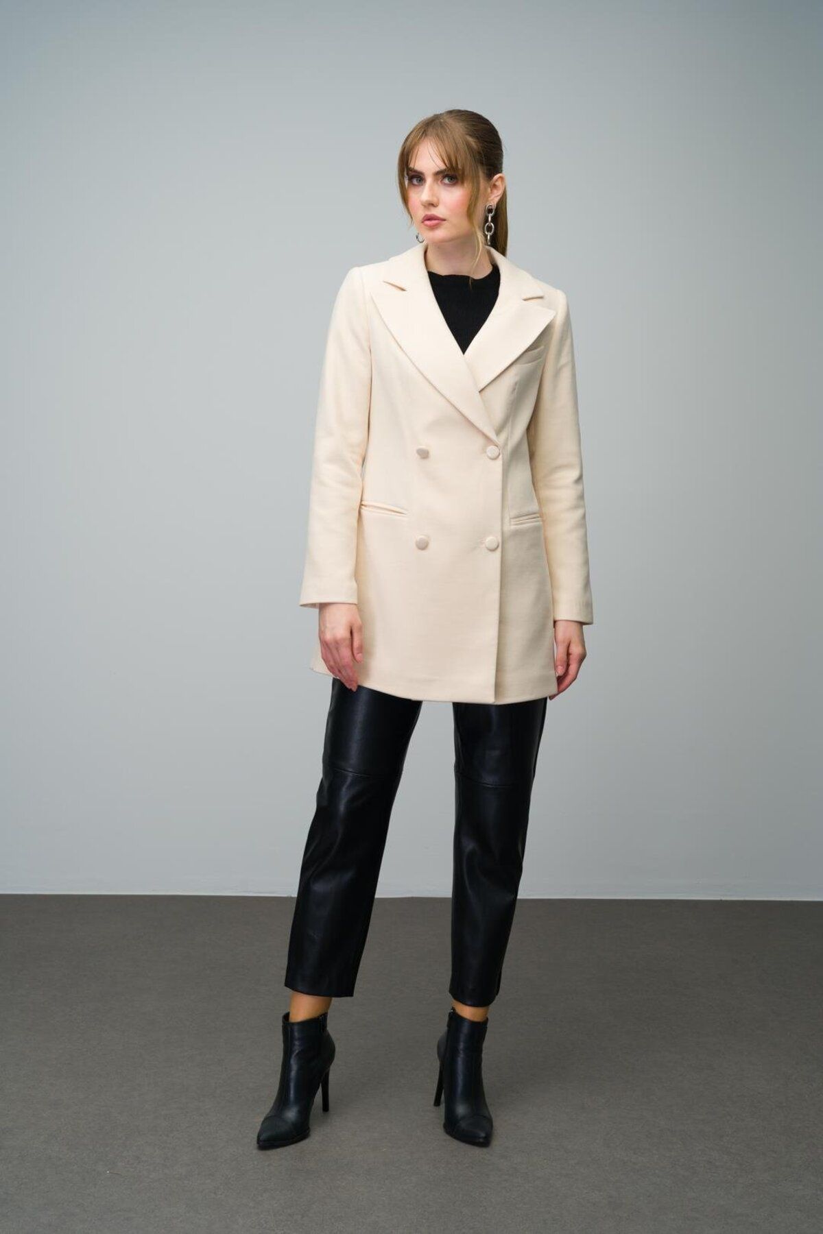 Olcay-Double Breasted Short Coat - Belt Detail, ECRU 3017 6