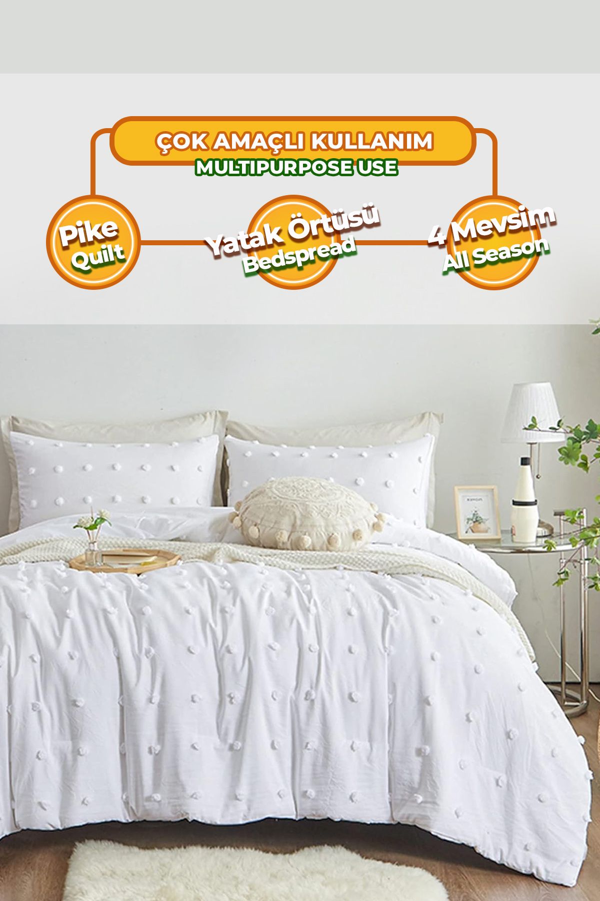 Evlen Home Collection-Emmy Embossed Cotton Bedspread - Double Boho Set with Tufting Detail, White Cream 4