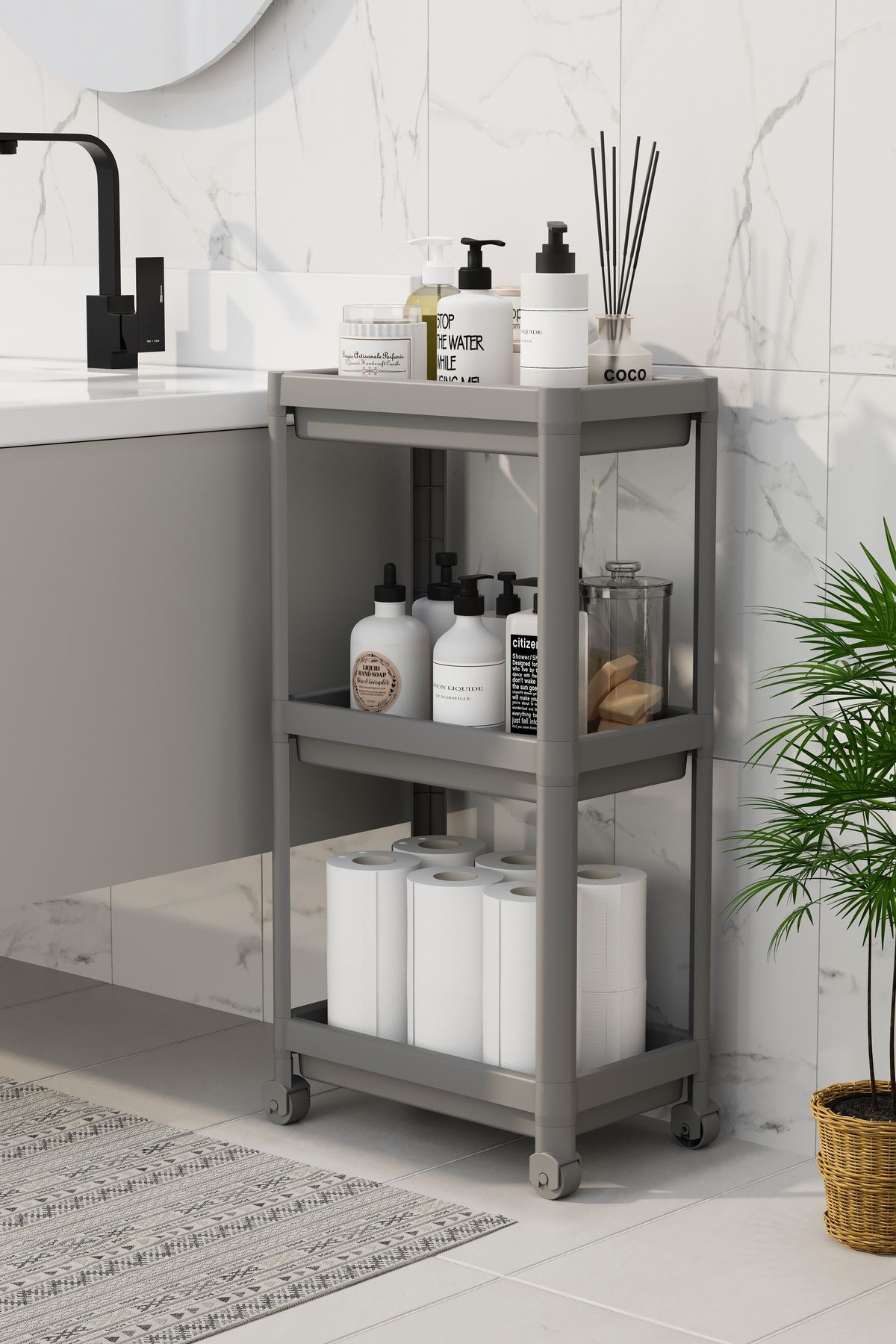 Tiklasende-Peggy Grey 3-Tier Bathroom with Wheels, Kitchen Shelf Towel Holder Detergent Rack Makeup Organizer, Organizer 2