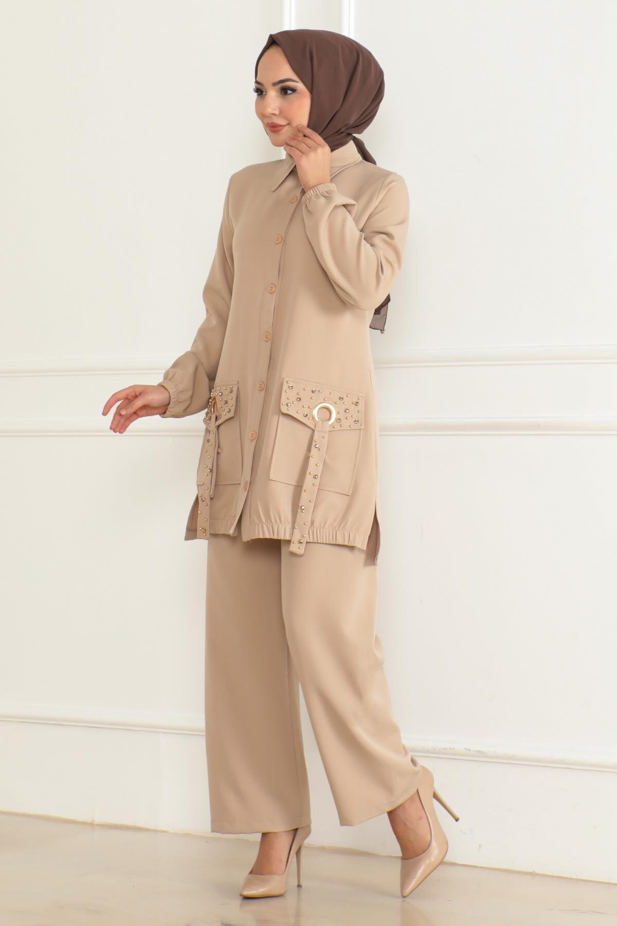 Modamihram-Beige Suit 19229 - Pocket Detail 3