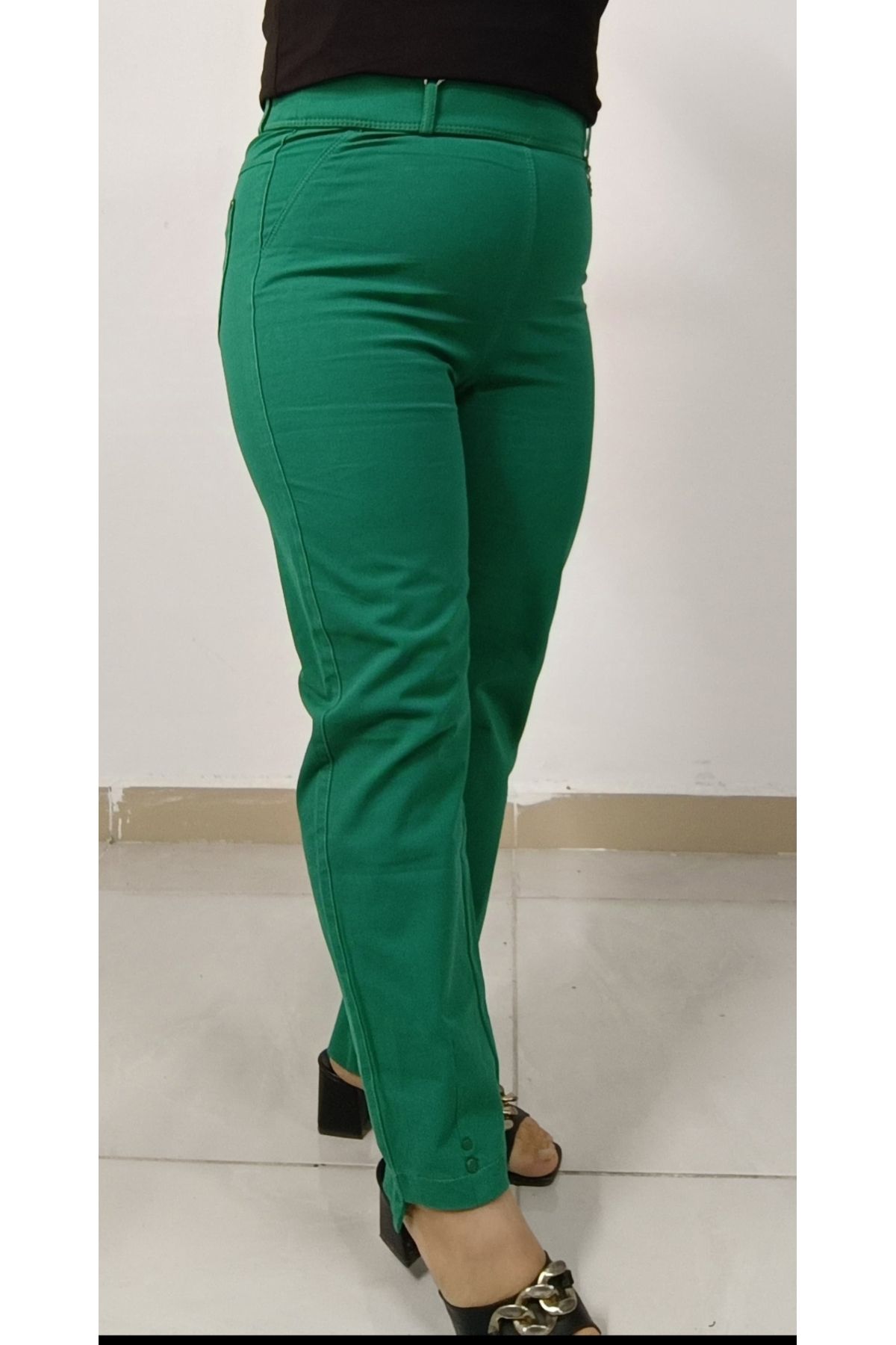 AKŞEN GİYİM-Large Size Recovery Size Thin Showing High Waist Green Coton Pant 2