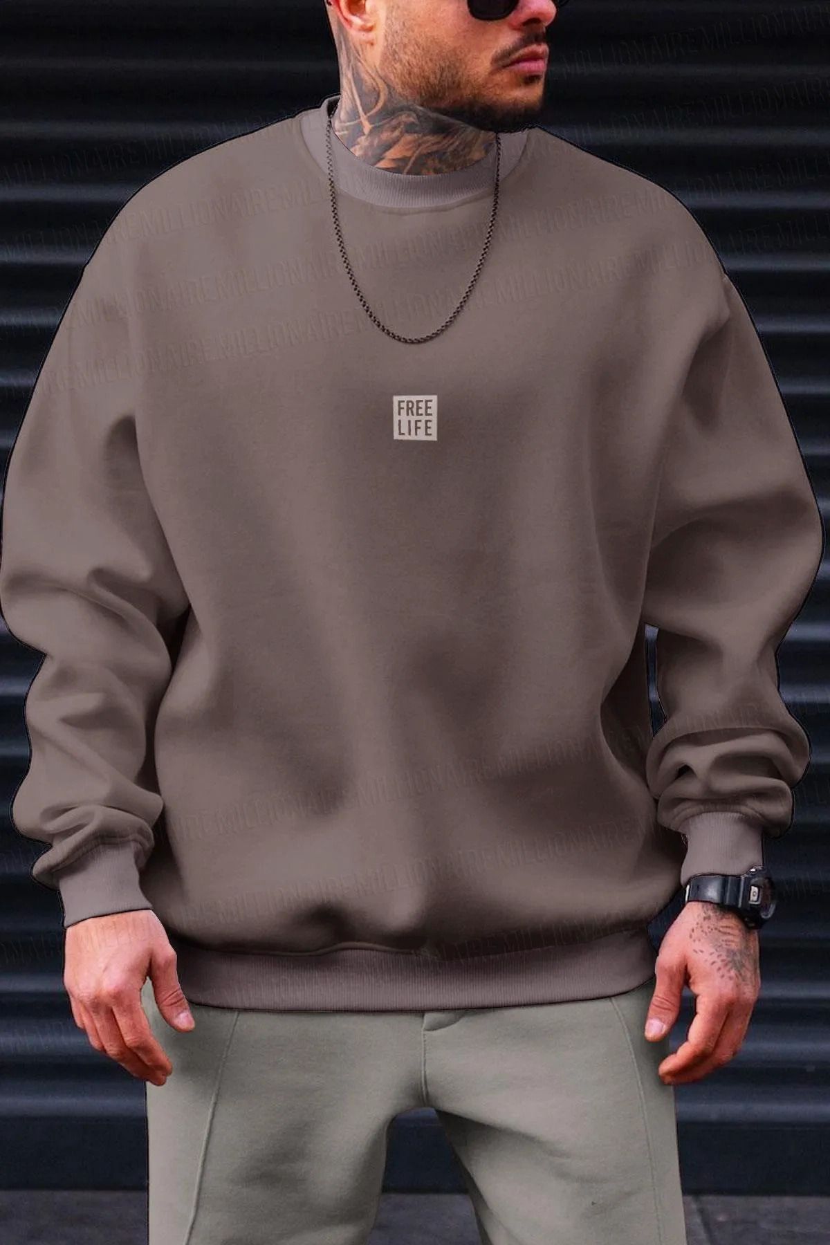 Millionaire-Pánske svetlohnedé Voľný život s potlačou Hrubé mäkké 3 vlákna vyvýšené 0 Crew Neck Oversize Voľný pot 1