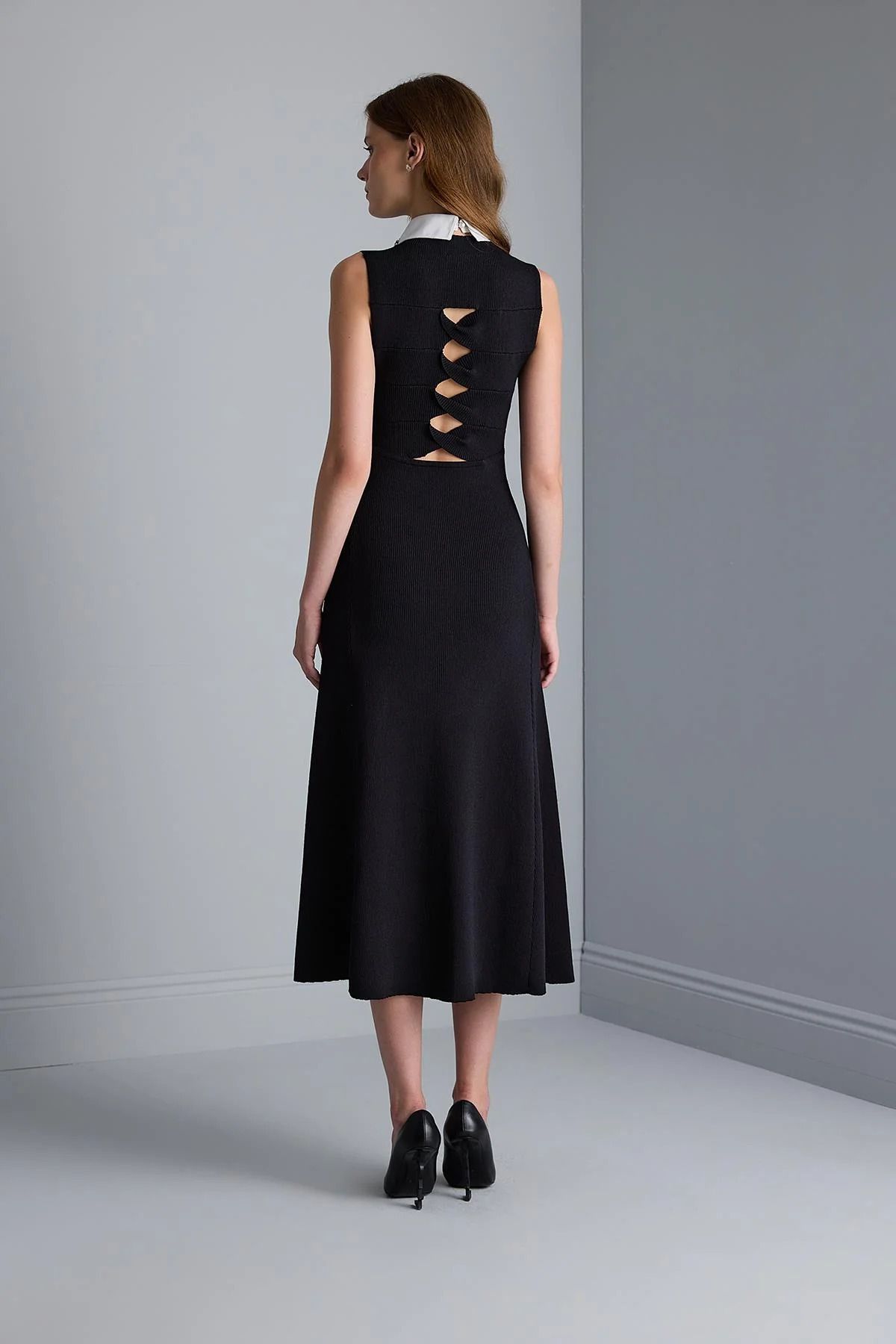 JOIN US-Stone Detailed Black Knitwear Dress - Functional Collar and Back Low-Cut W069 5