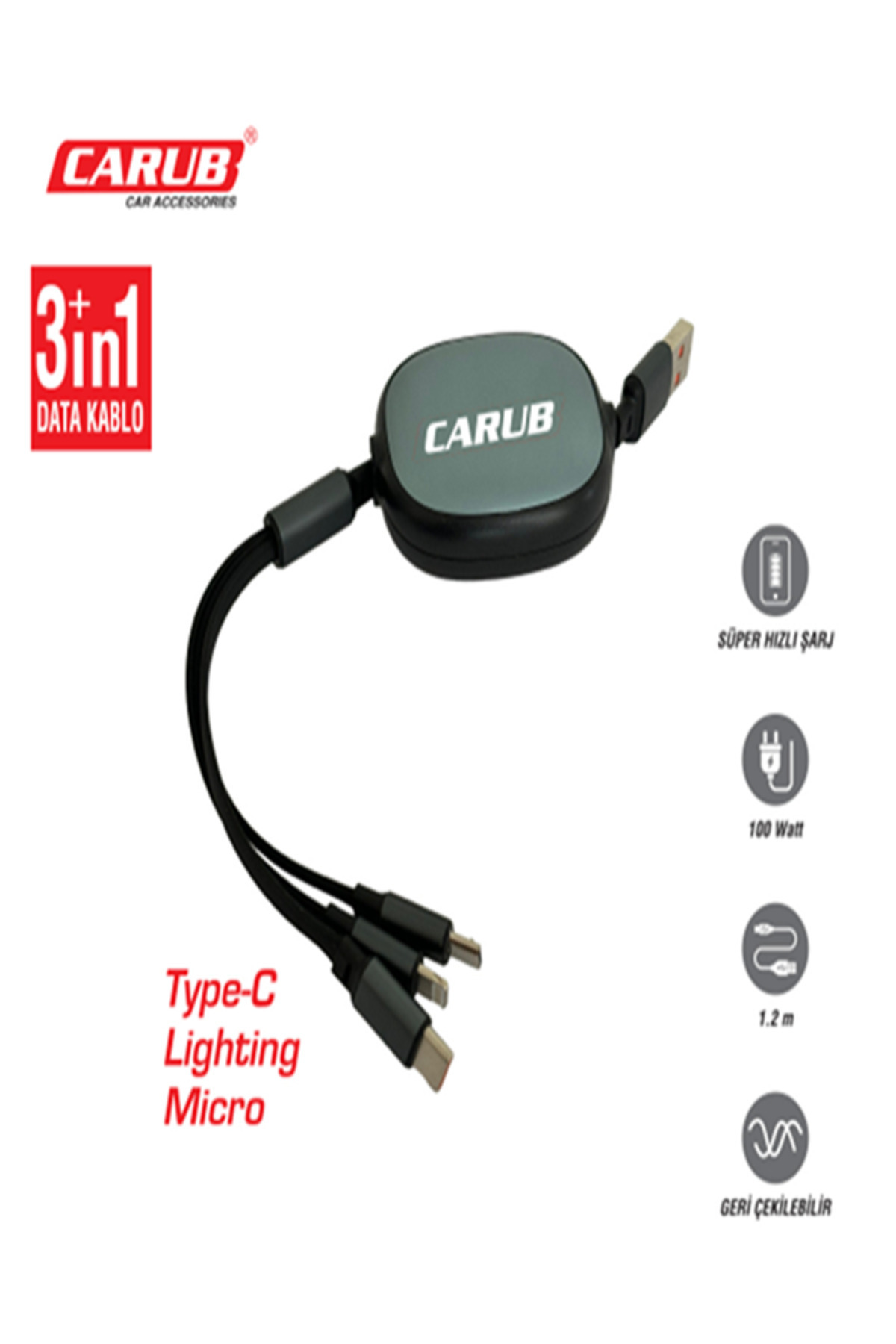 TRENDLIFEOTO Şarj Kablosu Makaralı Geri Çekilebilir Usb 1.2m 3in1 Lightning+Micro+Type-C Şarj ve Data Kablosu