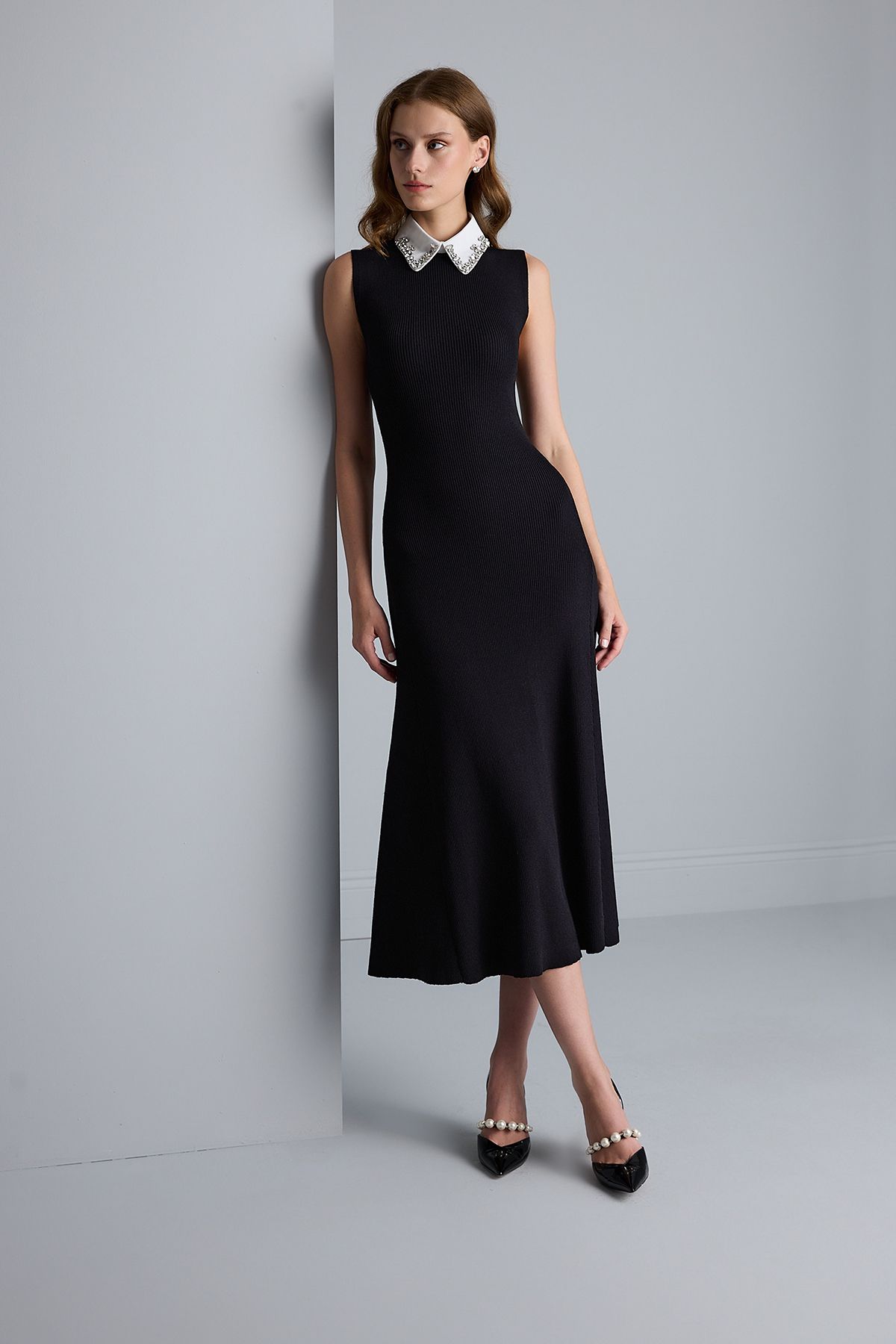 JOIN US-Stone Detailed Black Knitwear Dress - Functional Collar and Back Low-Cut W069 1