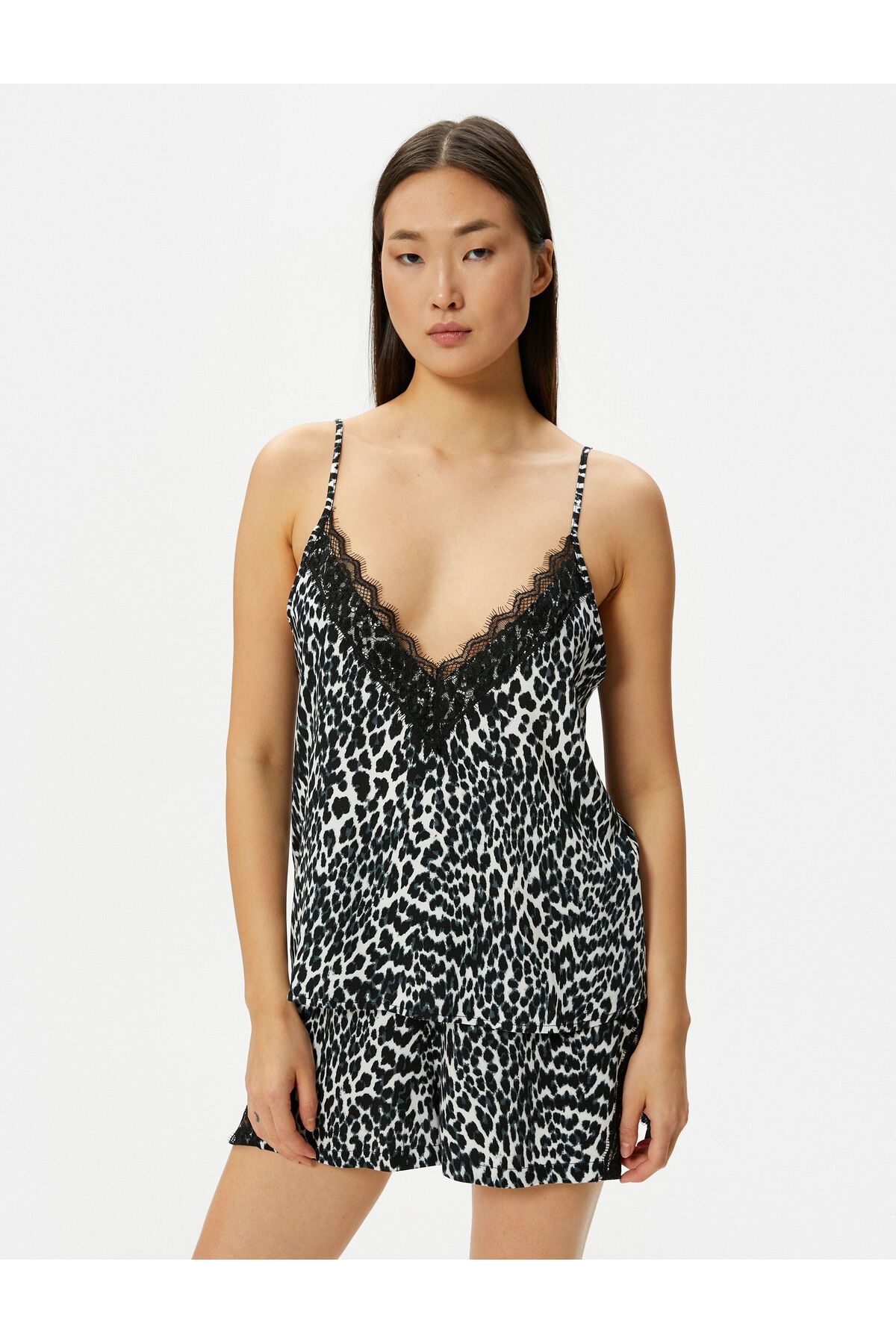 Koton-Leopard Patterned Pajama Top Thin Strap Lace Viscose 3