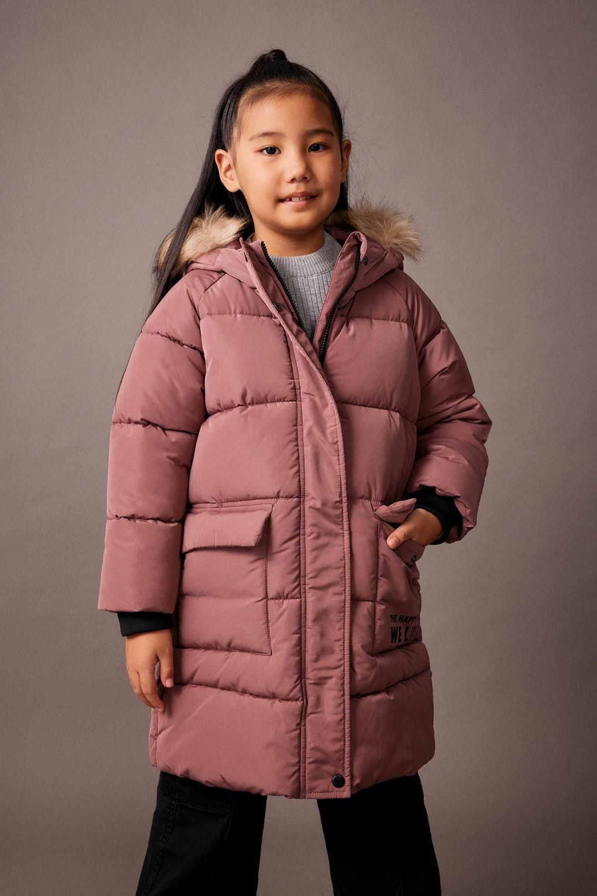 DeFacto-Water Repellent, Detachable Furry Long Coat for Girls A2541a823au 3