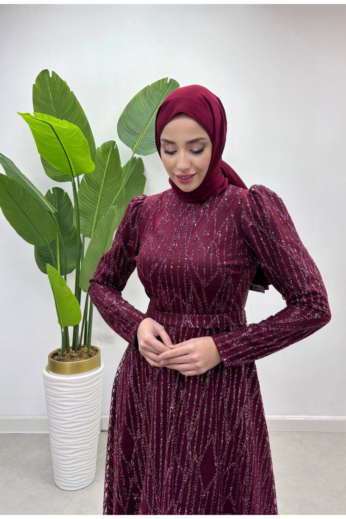 Trendy Butik-Burgundy Hijab Ayla Evening Dress - Women's Embroidered 3