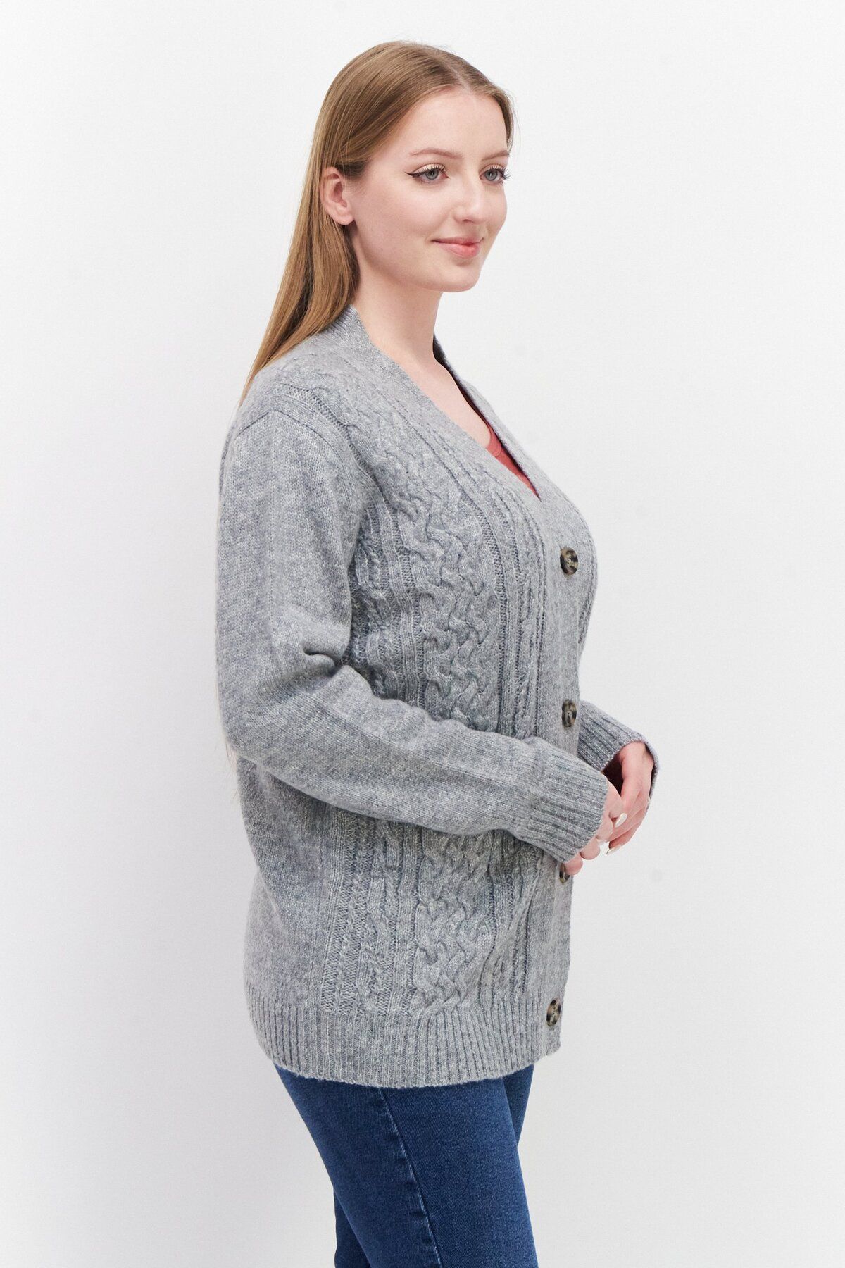 Threadbare-Women Button Front Cable Knit Cardigan, Grey 4