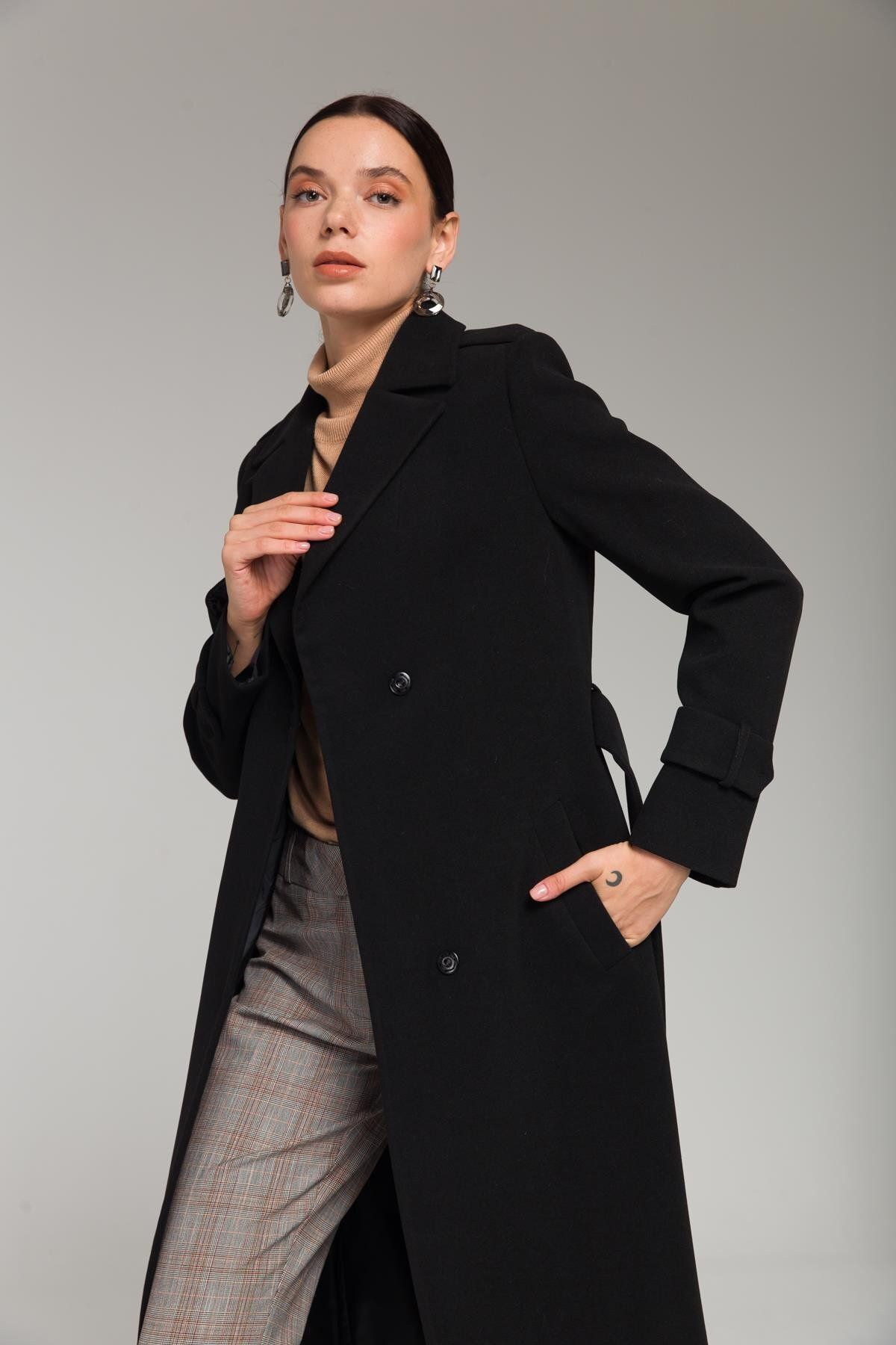 Olcay-Cape and Epaulette Detailed Snap Closure Medium Length Coat Black 3771 7