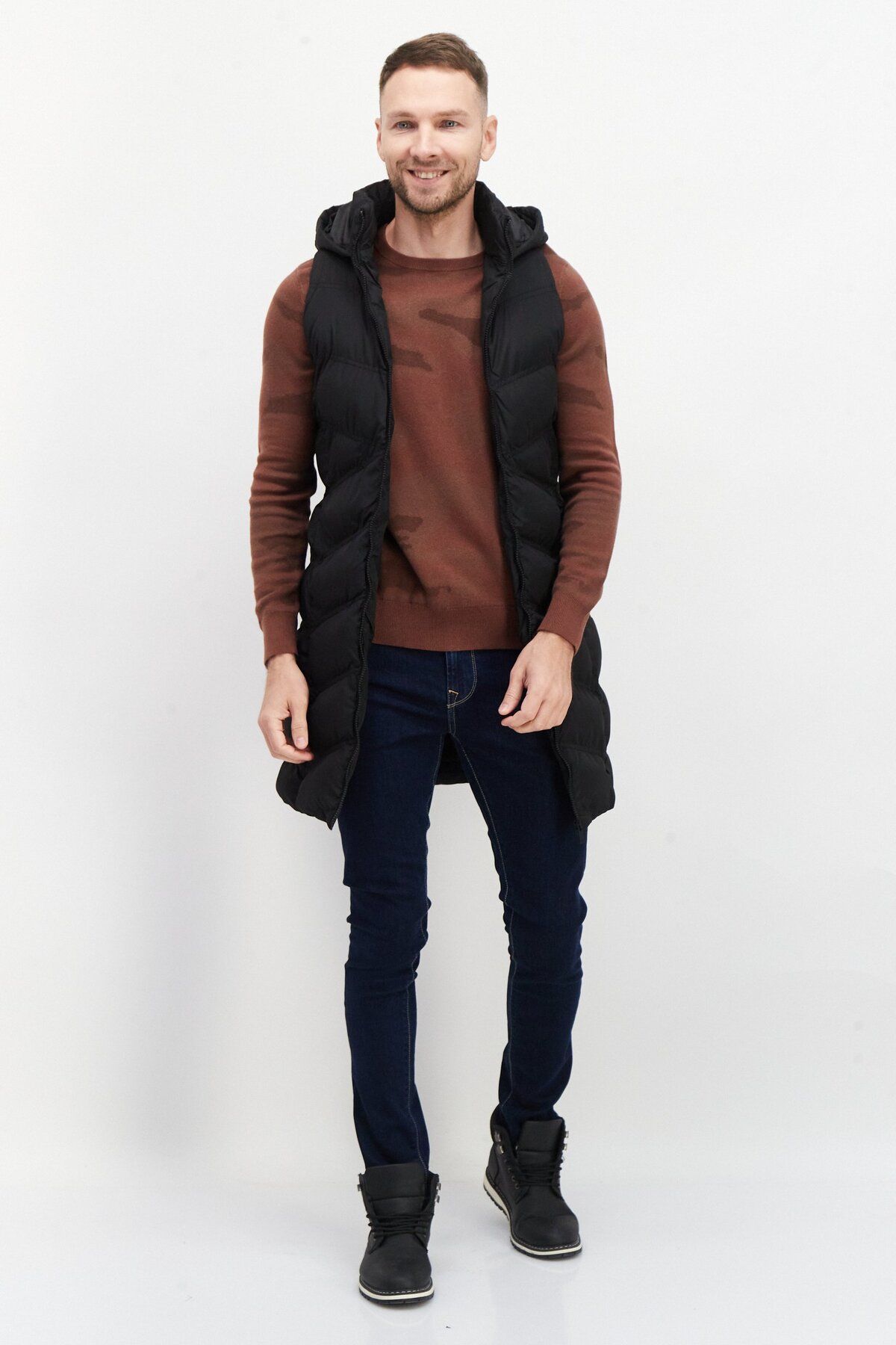 French Connection-Men Hooded Solid Long Puffer Vest, Black 3