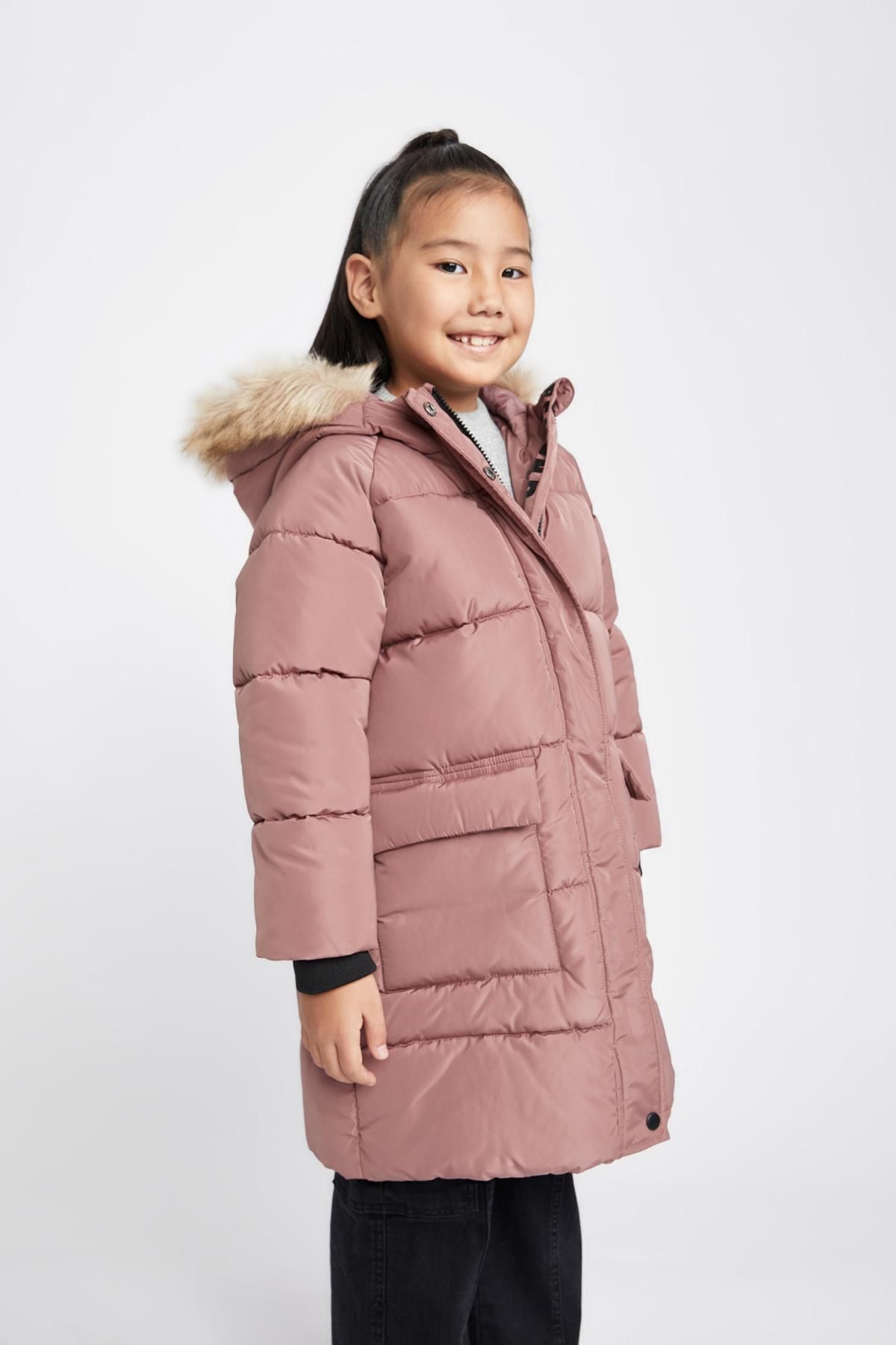 DeFacto-Water Repellent, Detachable Furry Long Coat for Girls A2541a823au 4