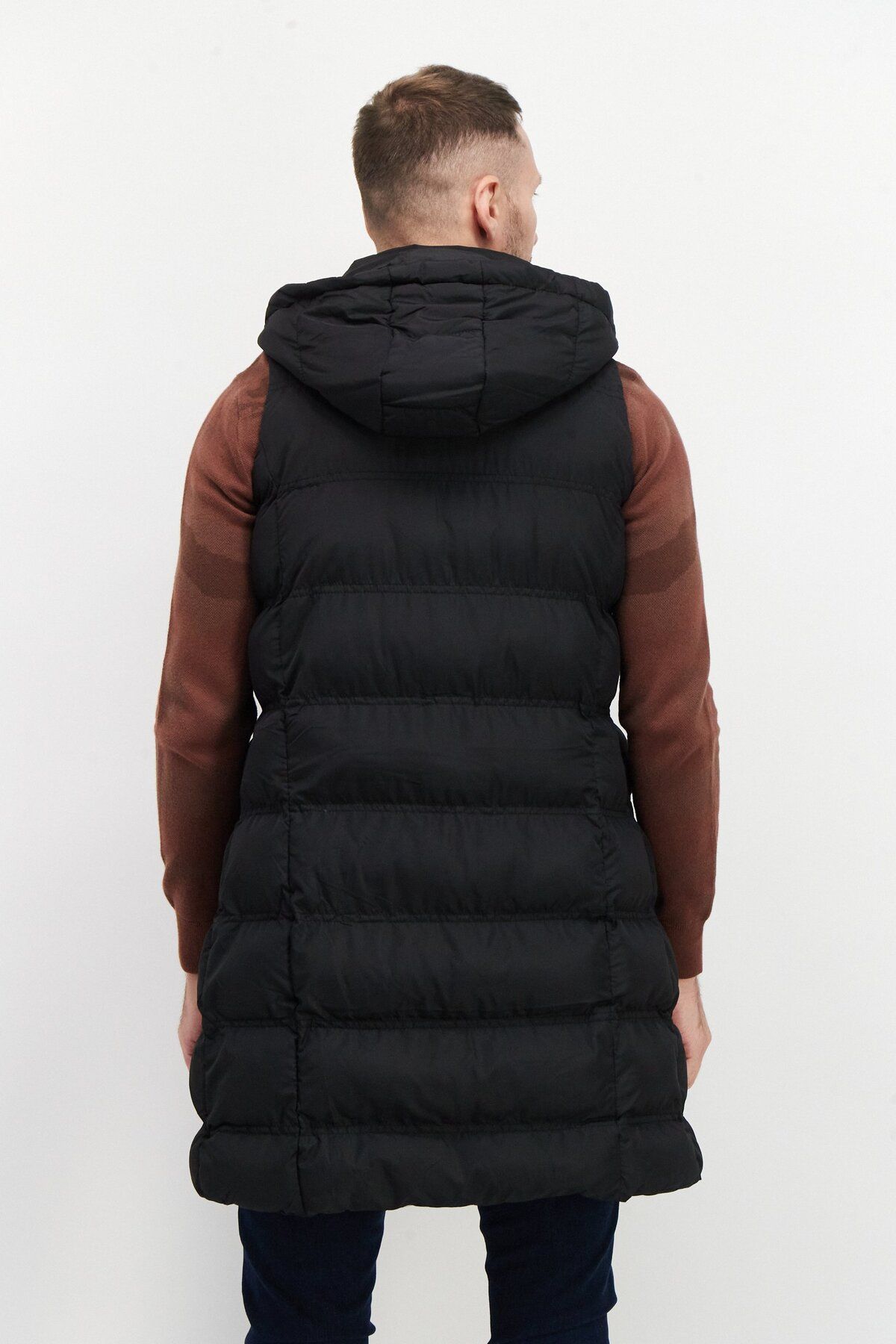French Connection-Men Hooded Solid Long Puffer Vest, Black 2