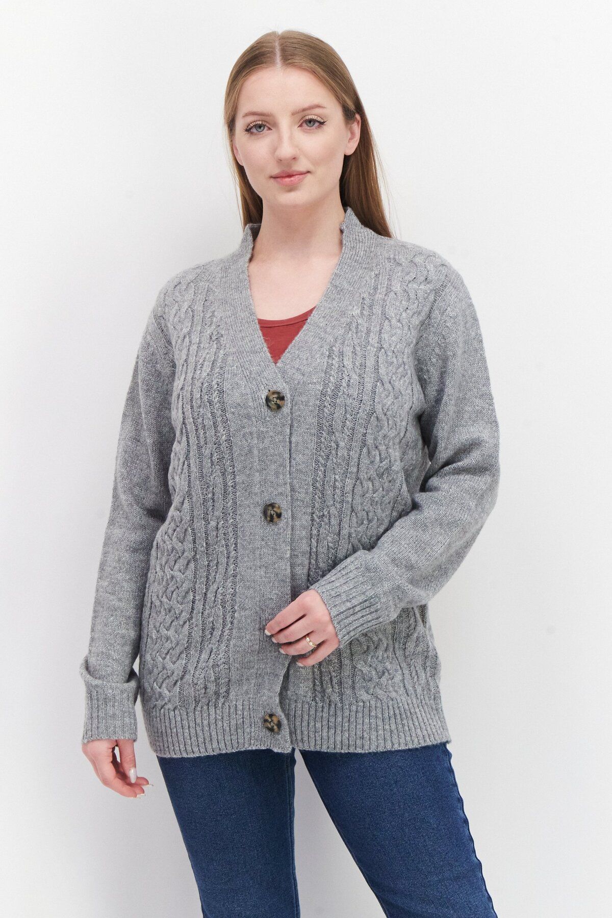 Threadbare-Women Button Front Cable Knit Cardigan, Grey 1