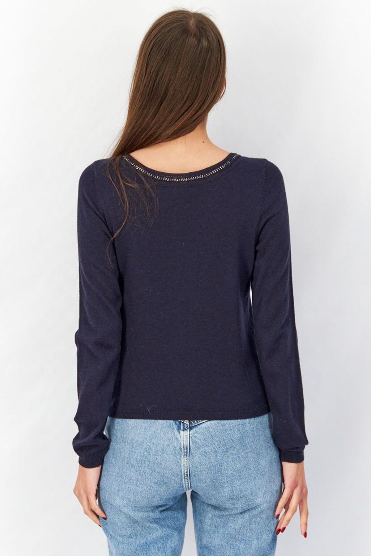 ONE STEP-Women Round Neck Long Sleeves Chain Detail Top, Navy 3