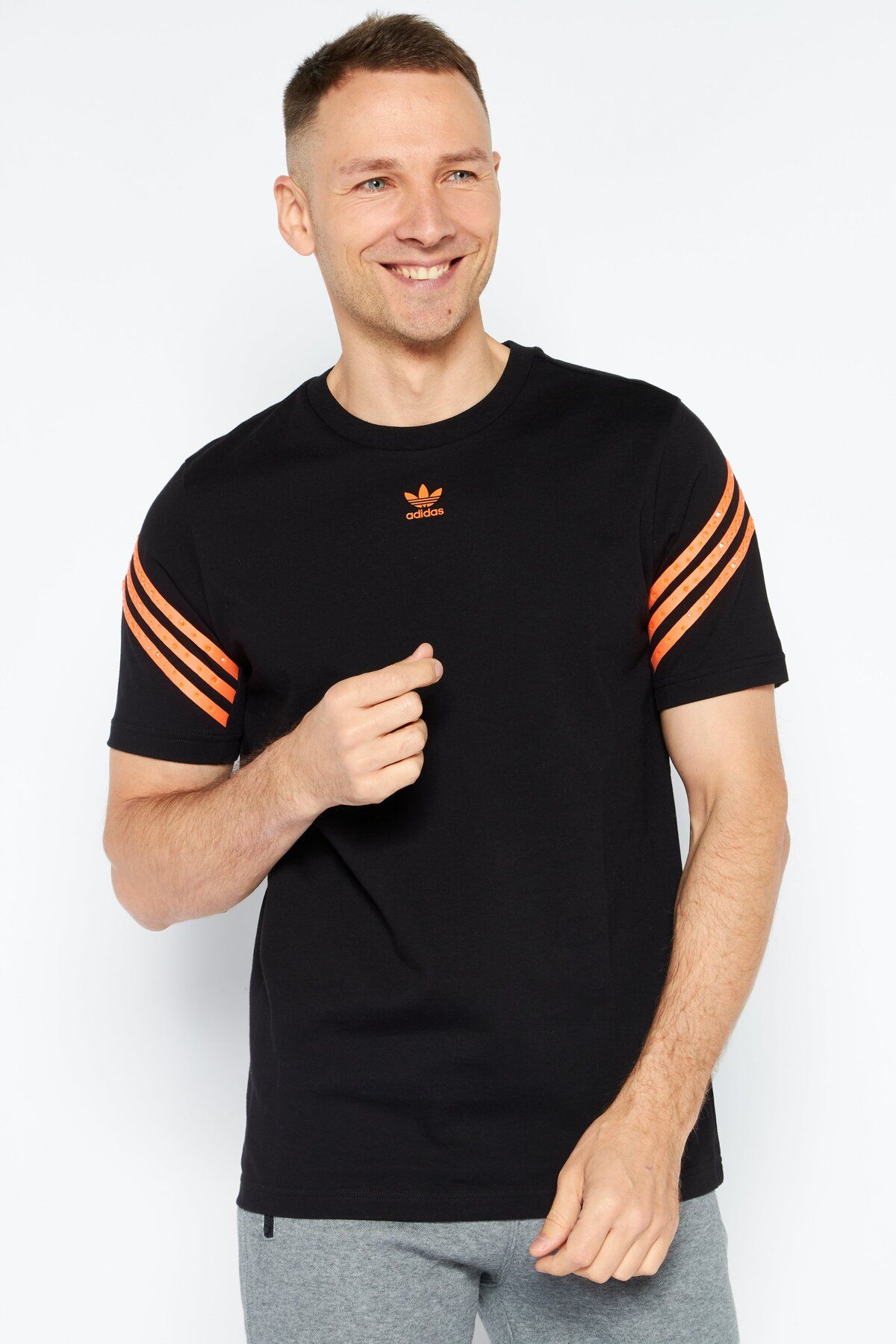 adidas-Men Sportswear Fit Short Sleeve Brand Logo T-Shirts, Black/Orange 1