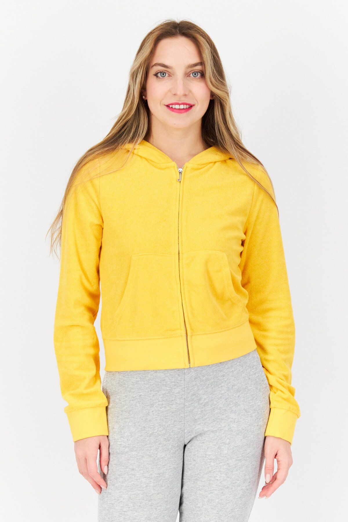 Juicy Couture-Women Long Sleeves Textured Cropped Sweatshirt, Yellow 1