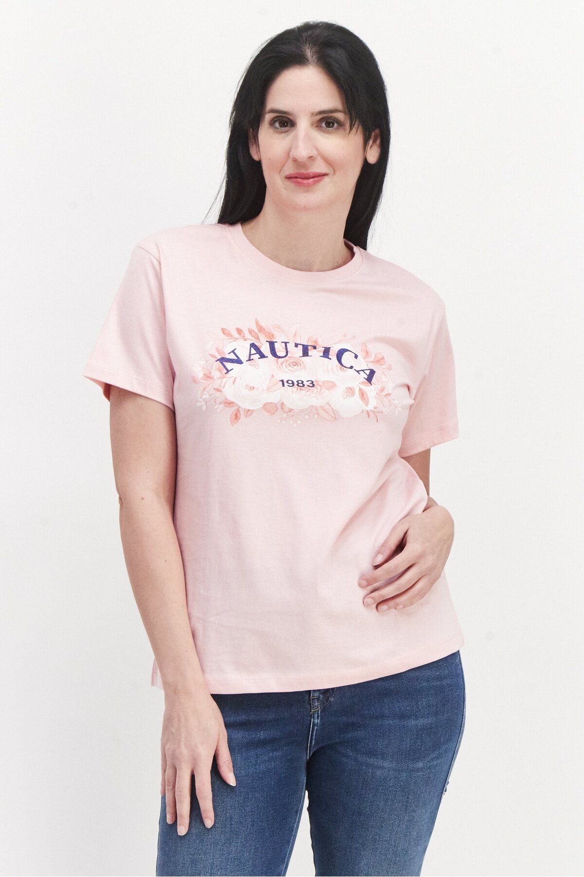 Nautica-Women Crew Neck Short Sleeve Printed T-Shirts,  Pink Combo 1