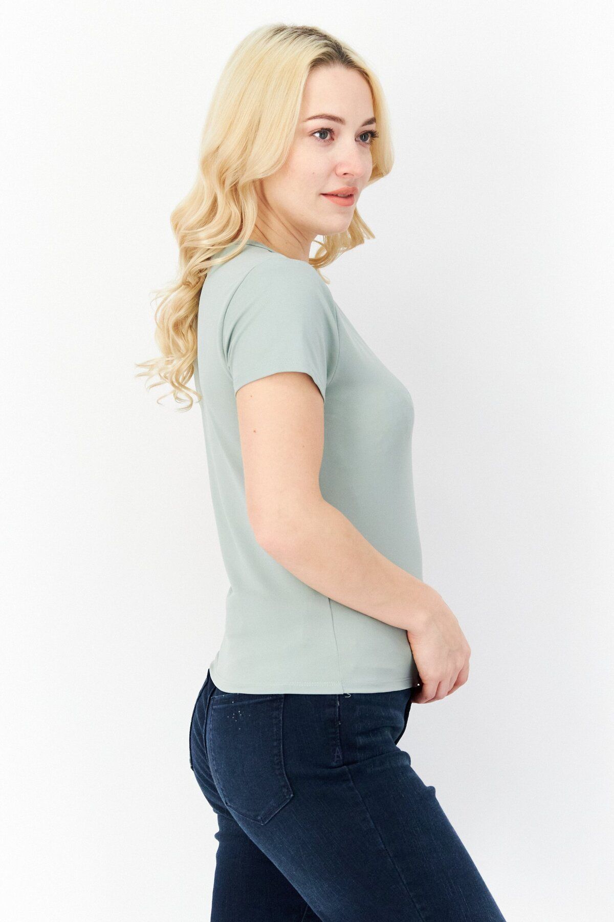 XOXO-Women Round Neck Short Sleeve Plain T-shirt, Sage Green 3