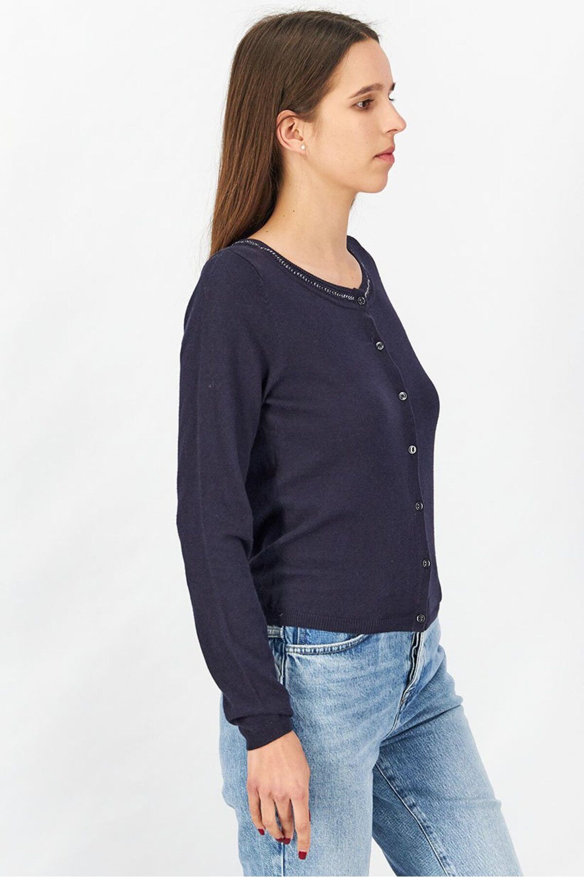 ONE STEP-Women Round Neck Long Sleeves Chain Detail Top, Navy 4