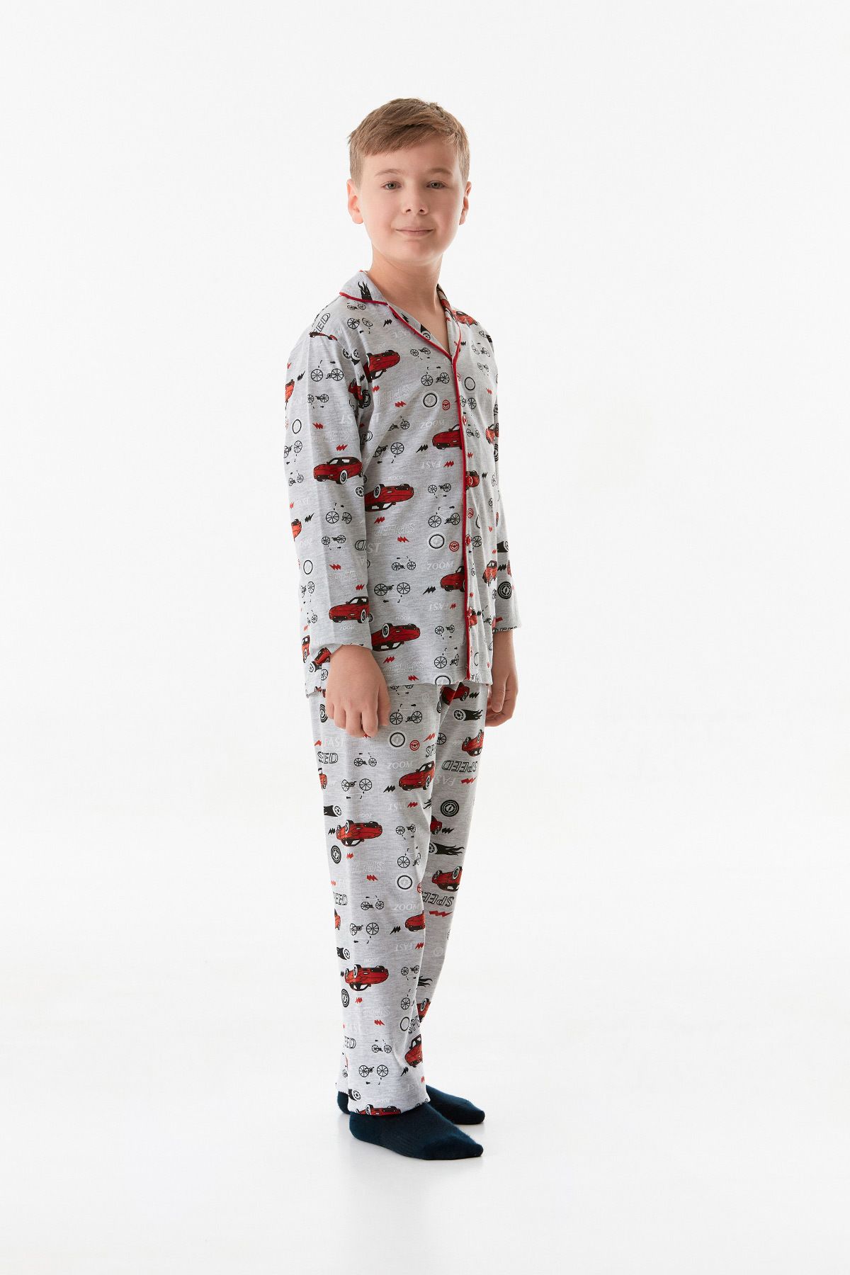 Fulla Moda-Car Patterned Shirt Collar Boy's Pajamas Set 3