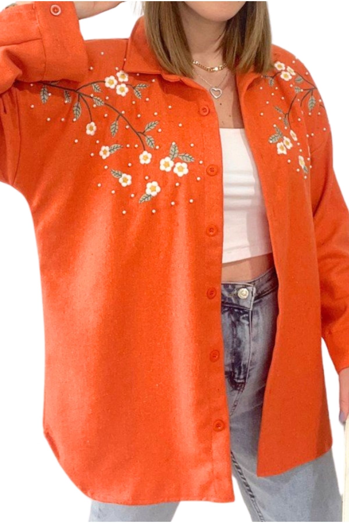 Cassime-Women's Orange Daisy Pearl Flower Embroidered Stamp Cotton Winter Shirt 4