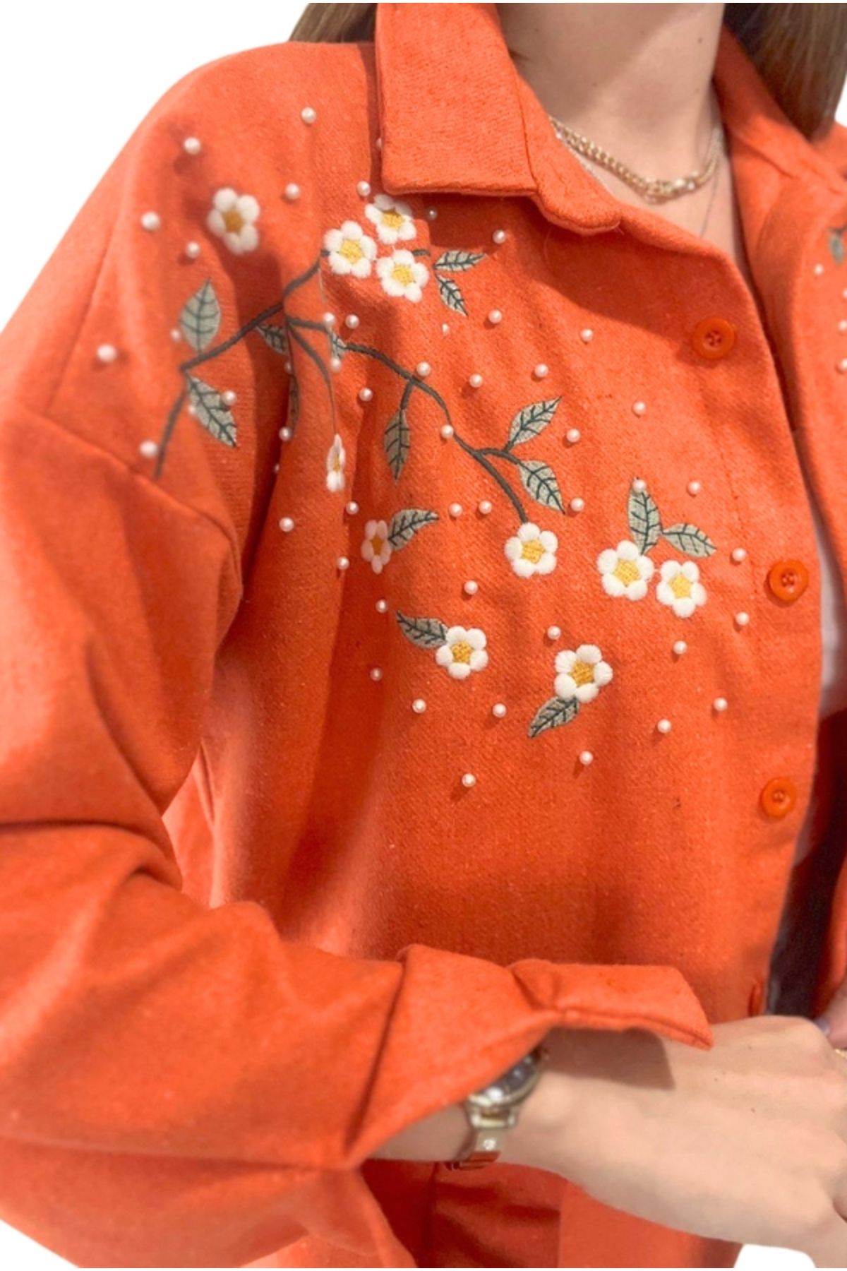 Cassime-Women's Orange Daisy Pearl Flower Embroidered Stamp Cotton Winter Shirt 1