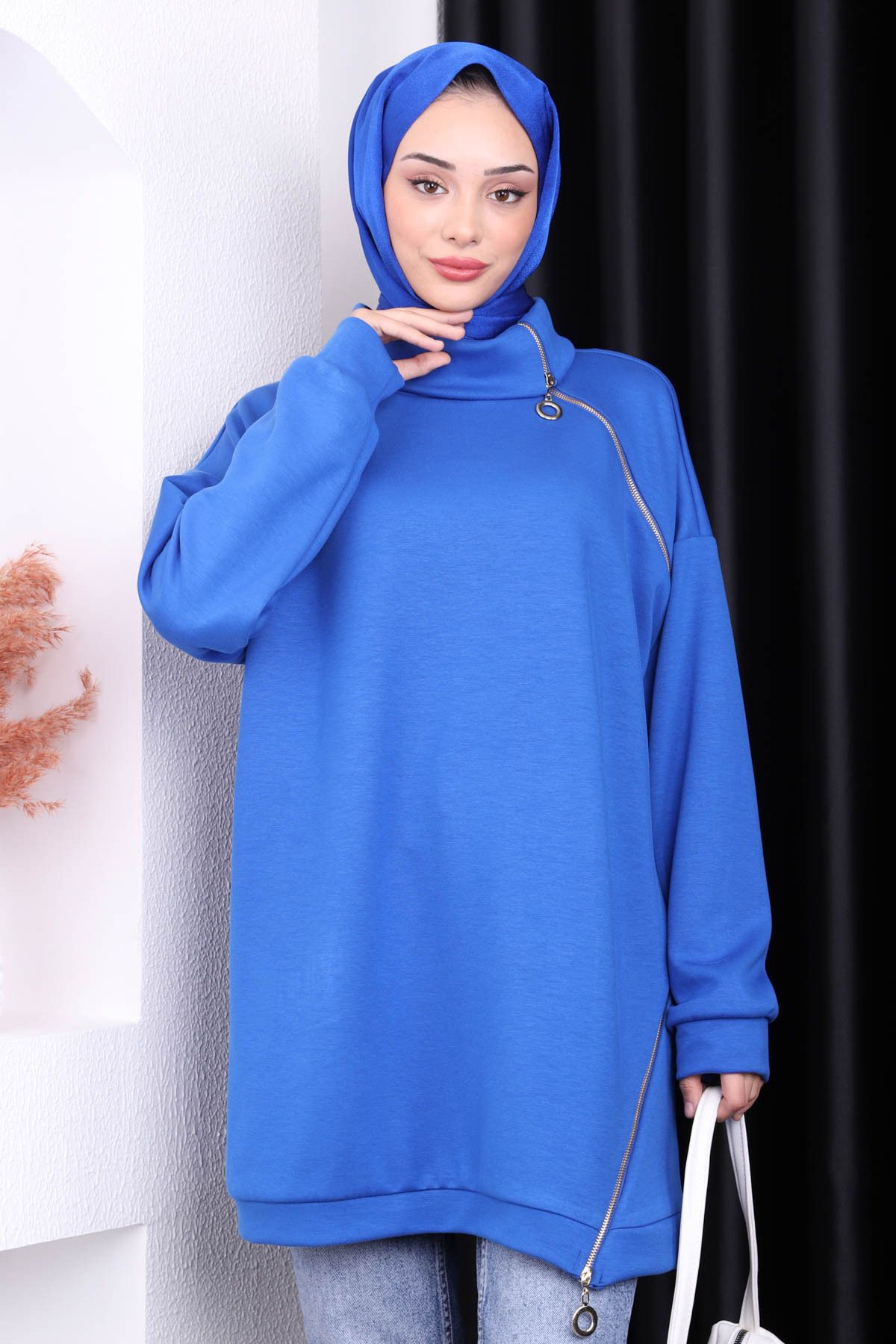 İmajButik-Saks Blue Asymmetrical Zippered Oys Tunic 1