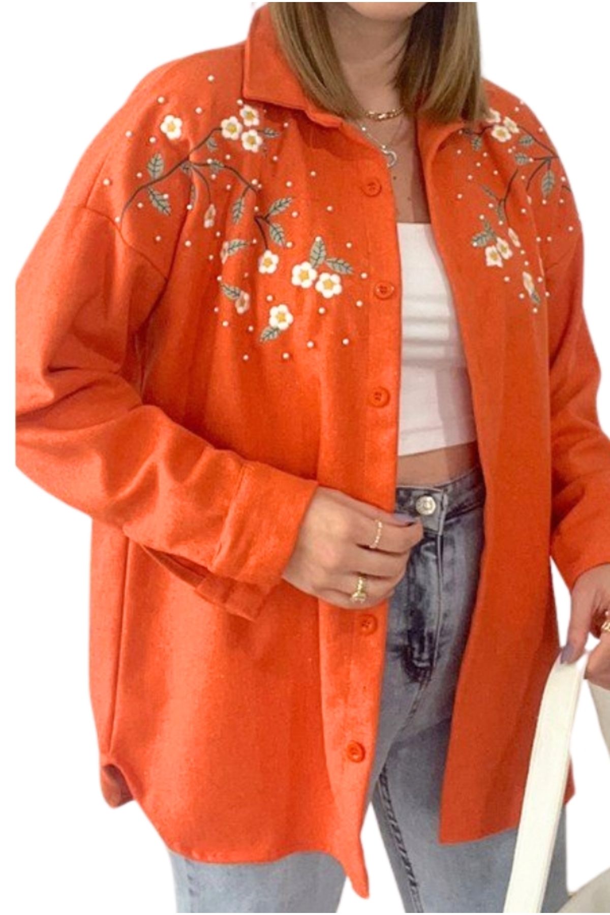 Cassime-Women's Orange Daisy Pearl Flower Embroidered Stamp Cotton Winter Shirt 3