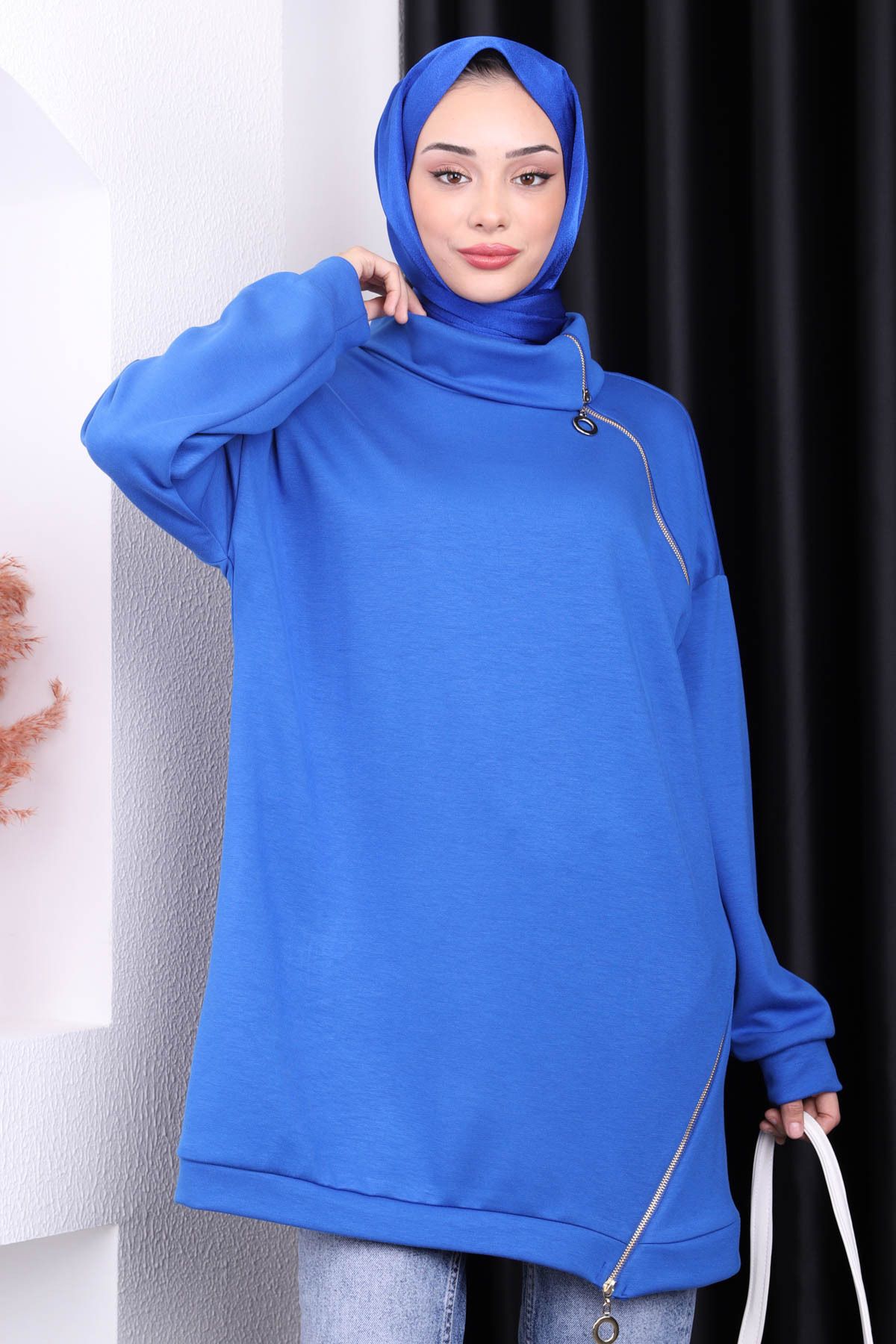 İmajButik-Saks Blue Asymmetrical Zippered Oys Tunic 3