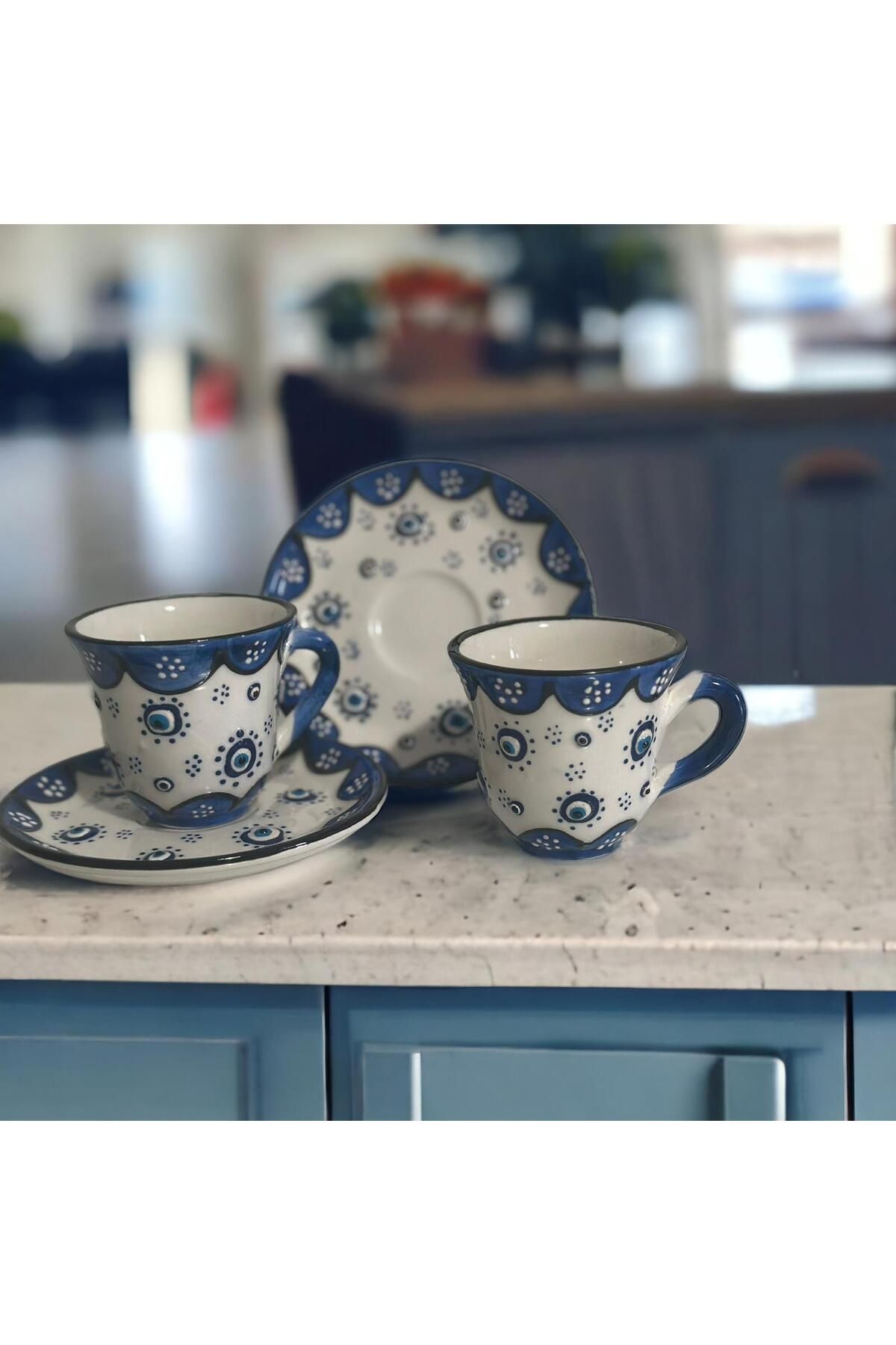 WPAWZ-Handmade Blue White Evil Eye Bead Pattern Ceramic Cup Set - Turkish Coffee Set for 2 5