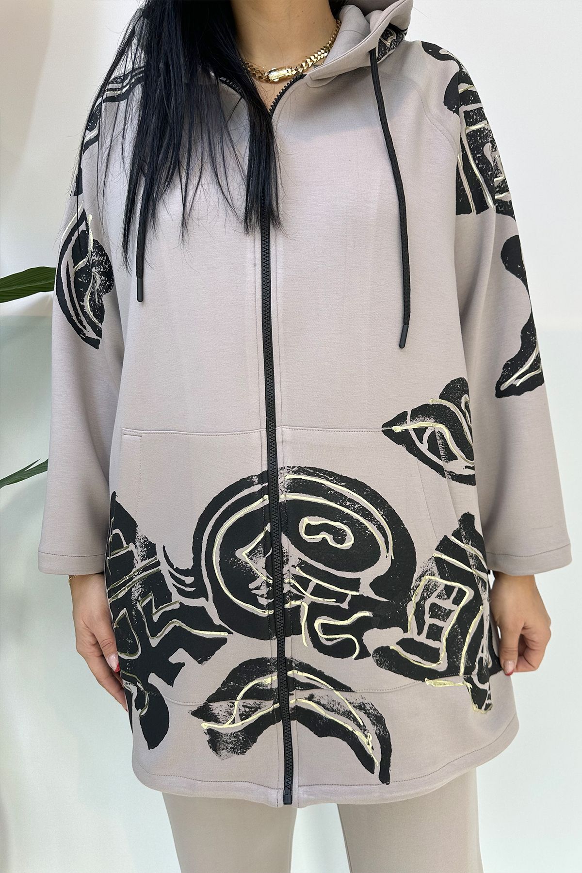 GÖKSEL-Beige Plus Size Hooded Printed Suit 6