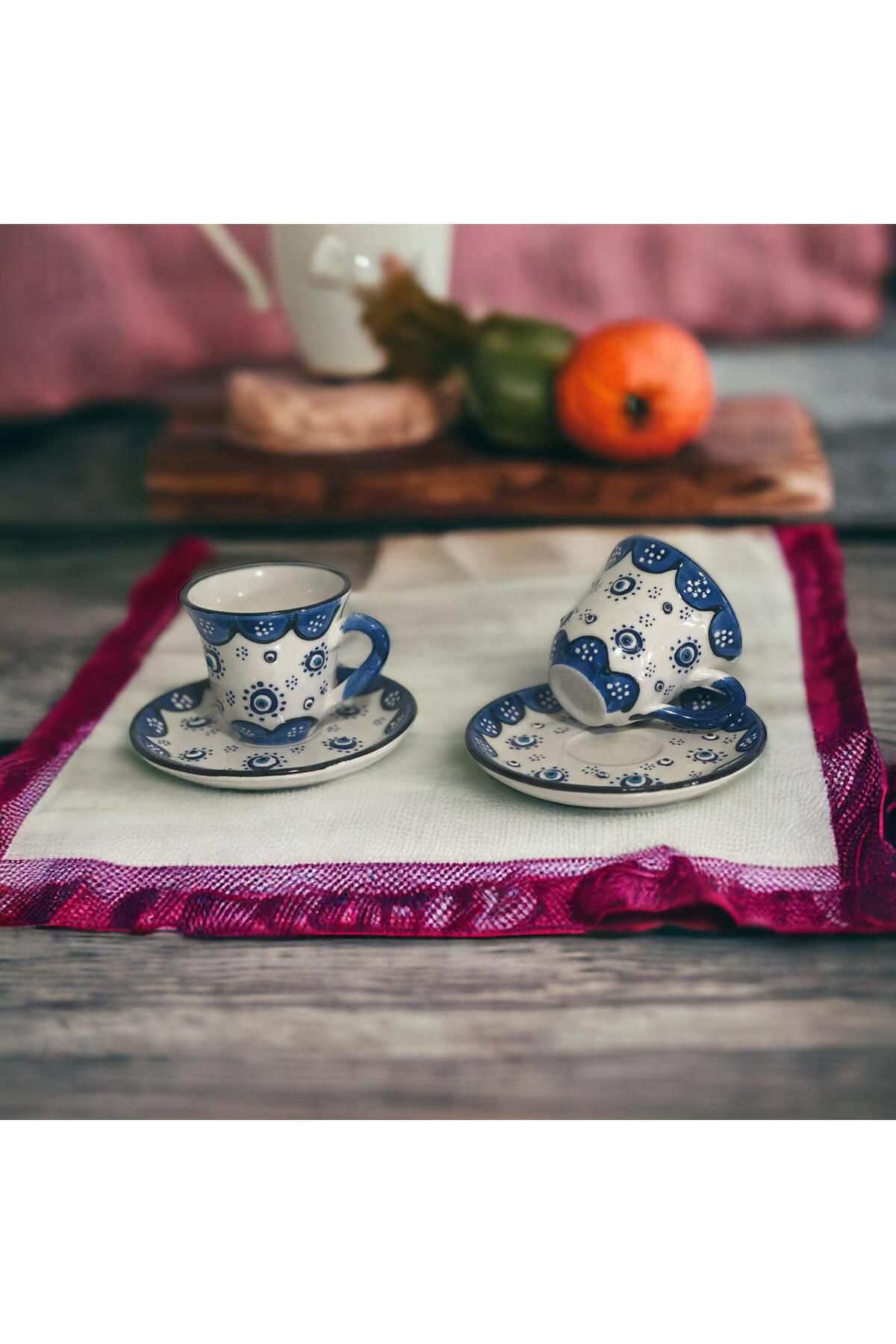 WPAWZ-Handmade Blue White Evil Eye Bead Pattern Ceramic Cup Set - Turkish Coffee Set for 2 4