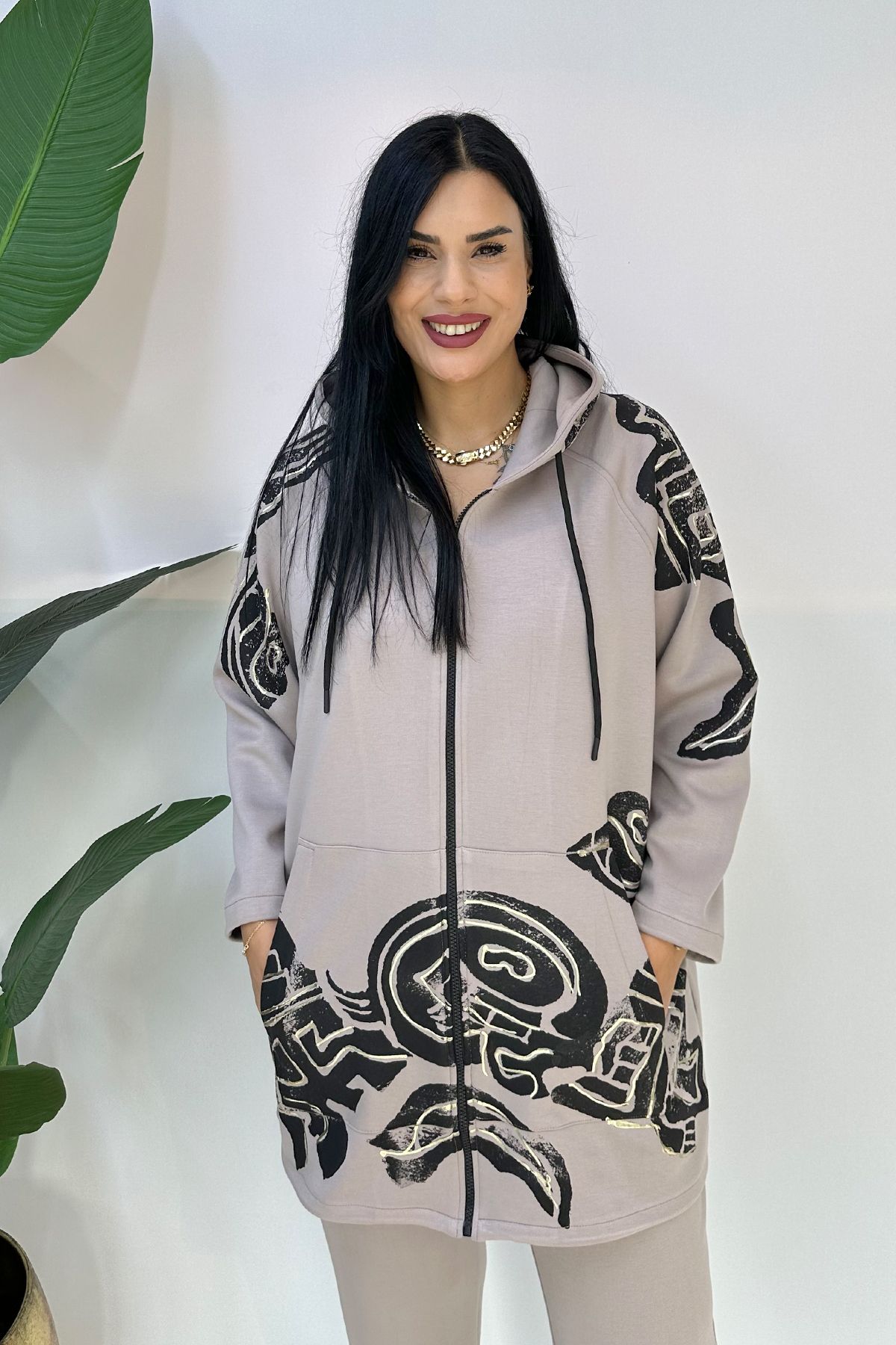 GÖKSEL-Beige Plus Size Hooded Printed Suit 5