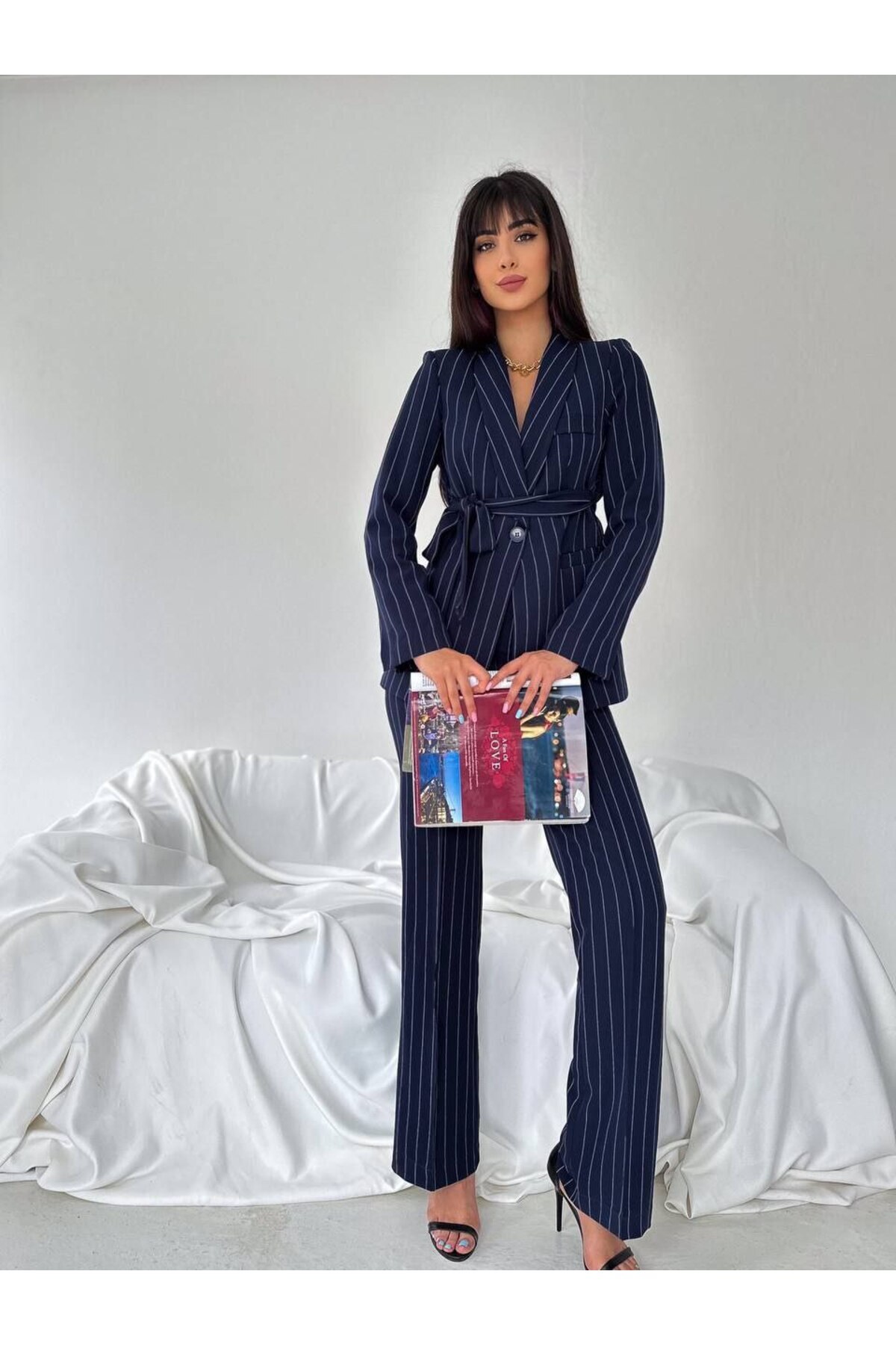 Women's Suit Belted Shawl Collar Blazer Jacket Pipe Leg Pants Striped-Navy Blue
