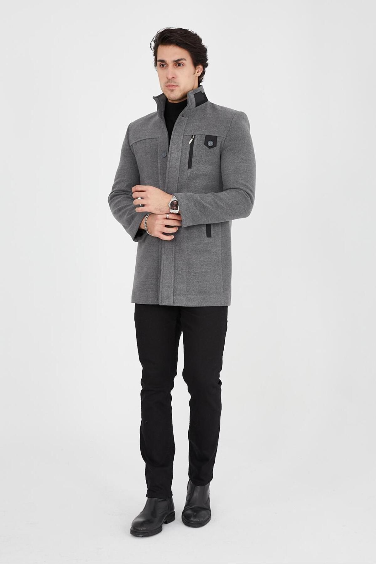 DC DRESS UP CLUB  Ezel Dik Yaka Göğüs Düğmeli Slim fit Erkek Kaşe Kaban 432 - Görsel 4