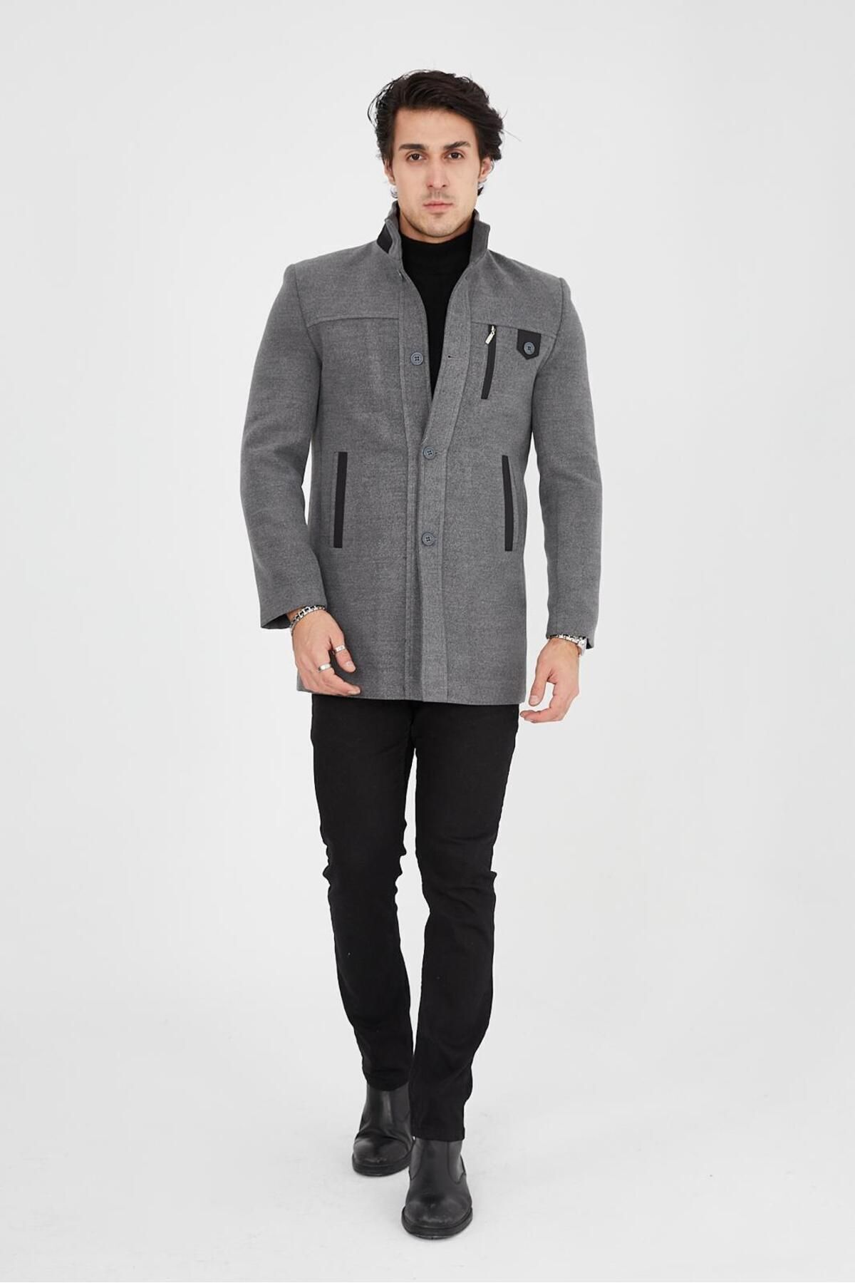 DC DRESS UP CLUB  Ezel Dik Yaka Göğüs Düğmeli Slim fit Erkek Kaşe Kaban 432 - Görsel 5