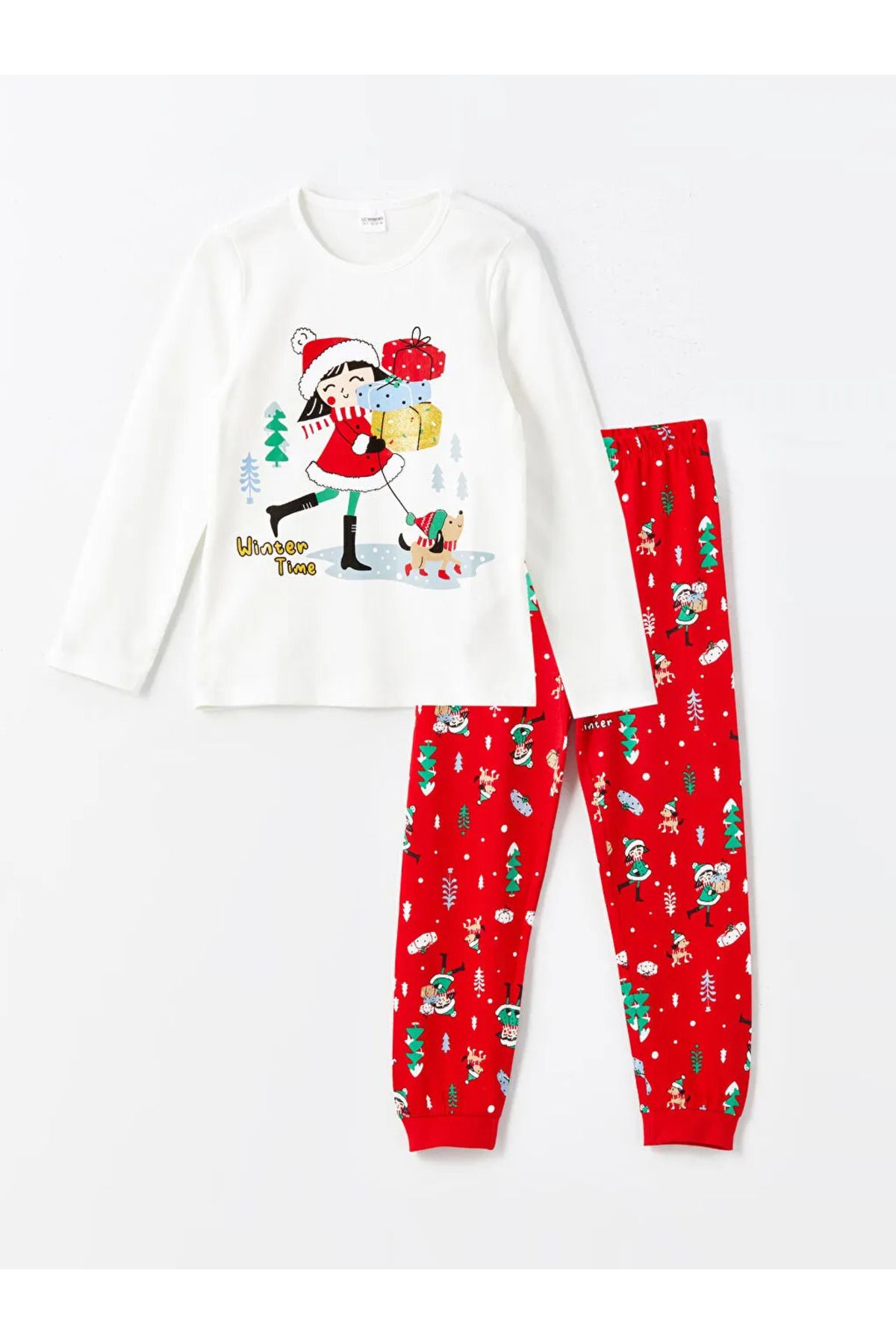 LC Waikiki-Lcw Kids Ecru Crew Neck Christmas Themed Girls Pajamas Set 1