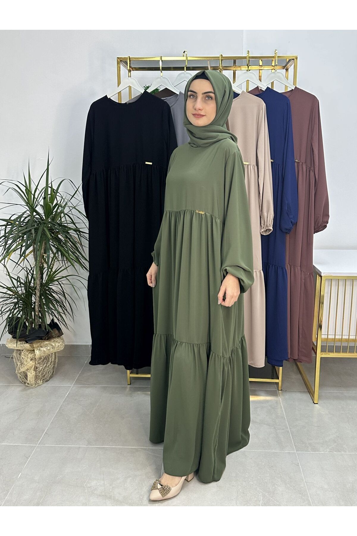 erasra class-Green Two-Layer Gathered Dress and Shawl Set - Hijap and Abaya (Suitable for Hajj and Umrah) 3