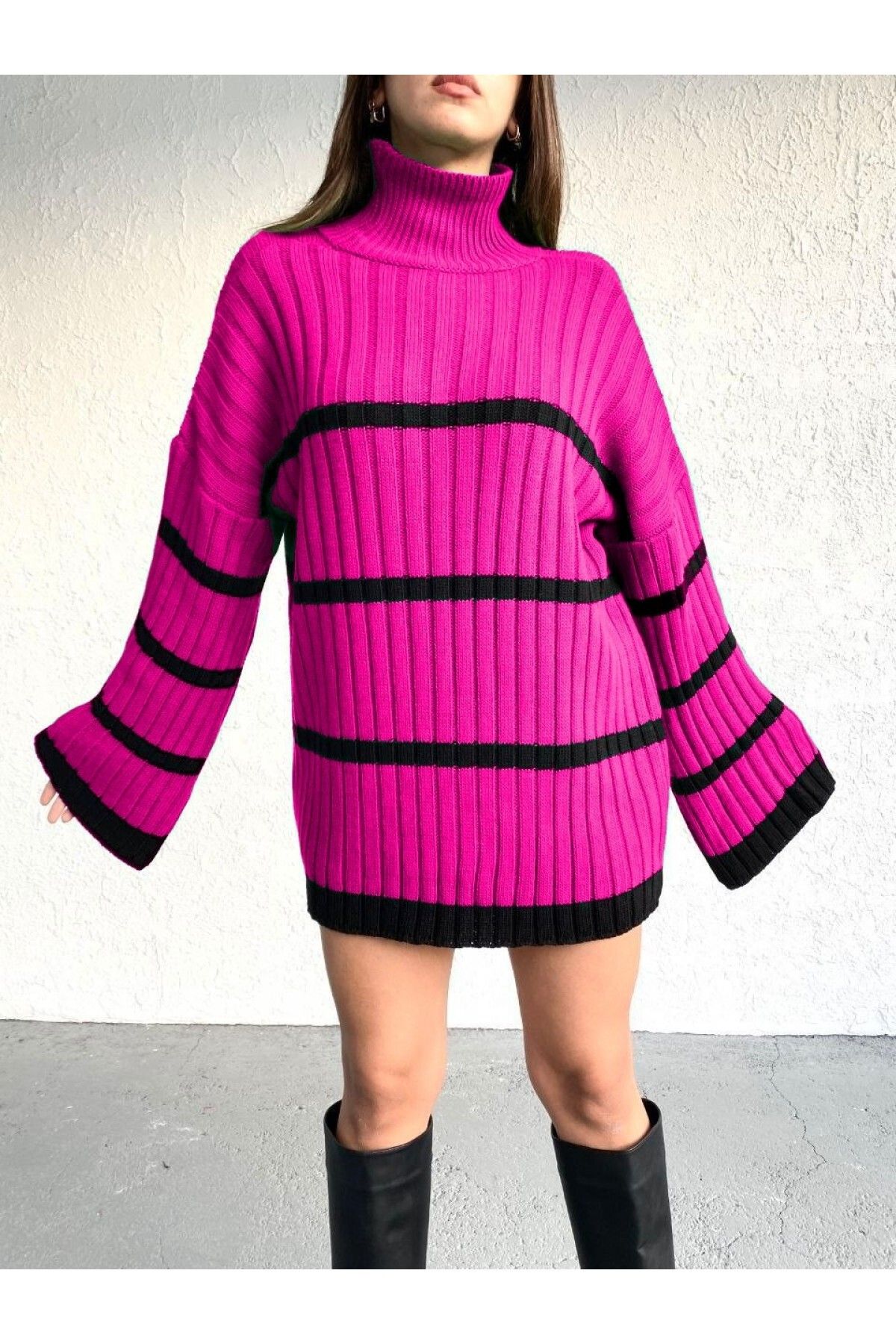 Modamorfo-Loose Sleeve Striped Knitwear Sweater -Fuchsia 4