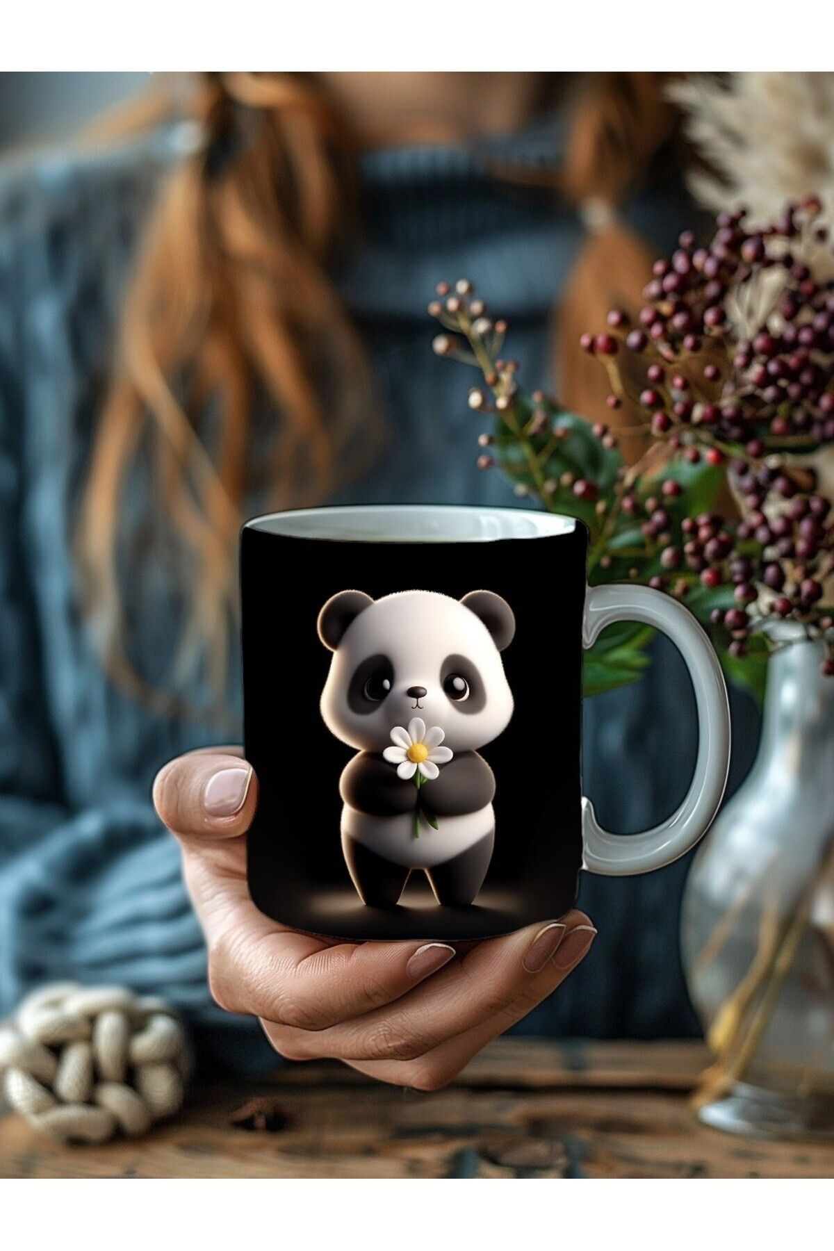 Umul Store-Cute Animal Holding Daisy Themed 3D Design Ceramic Mug - Gift Mug 4