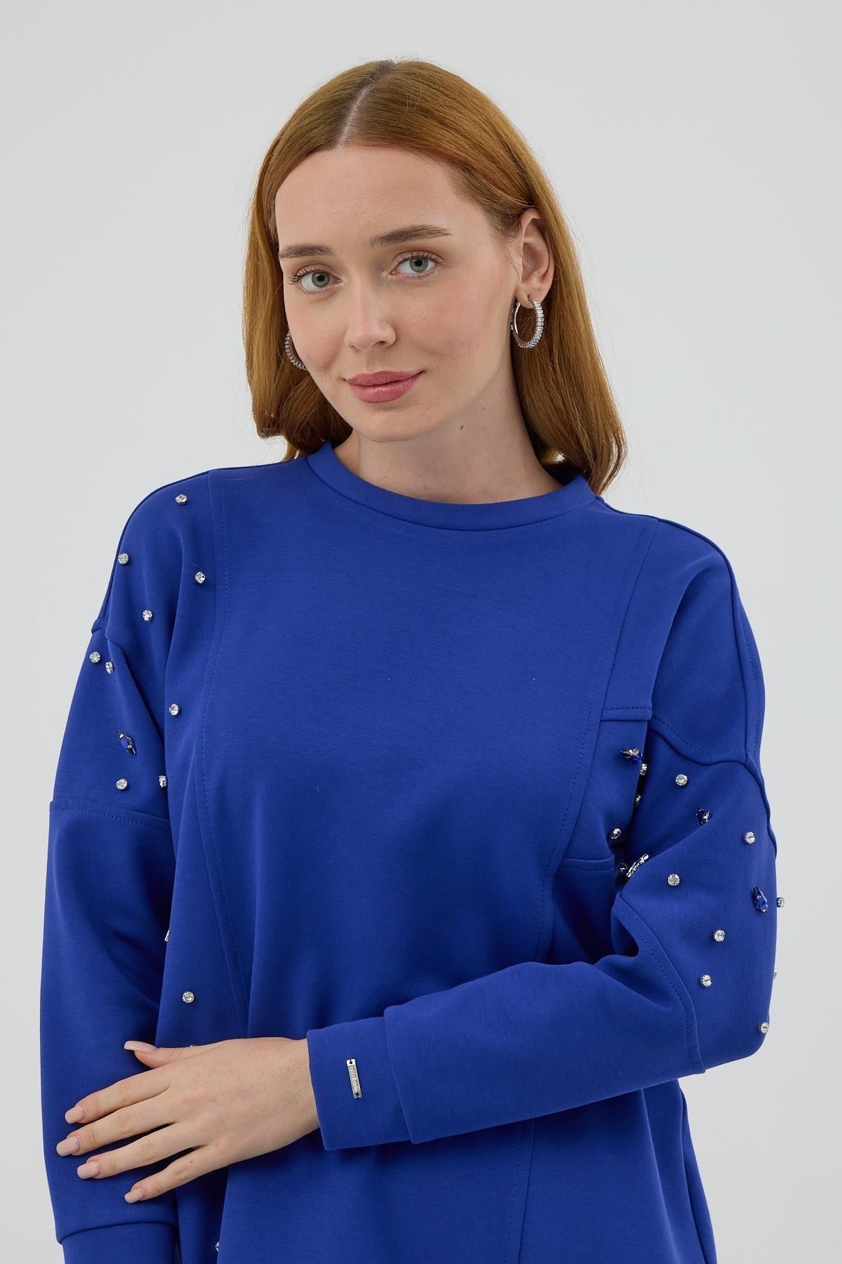 Moodbasic-Mb21.285 Model Asymmetrical Stone Detailed Blue Tunic 6