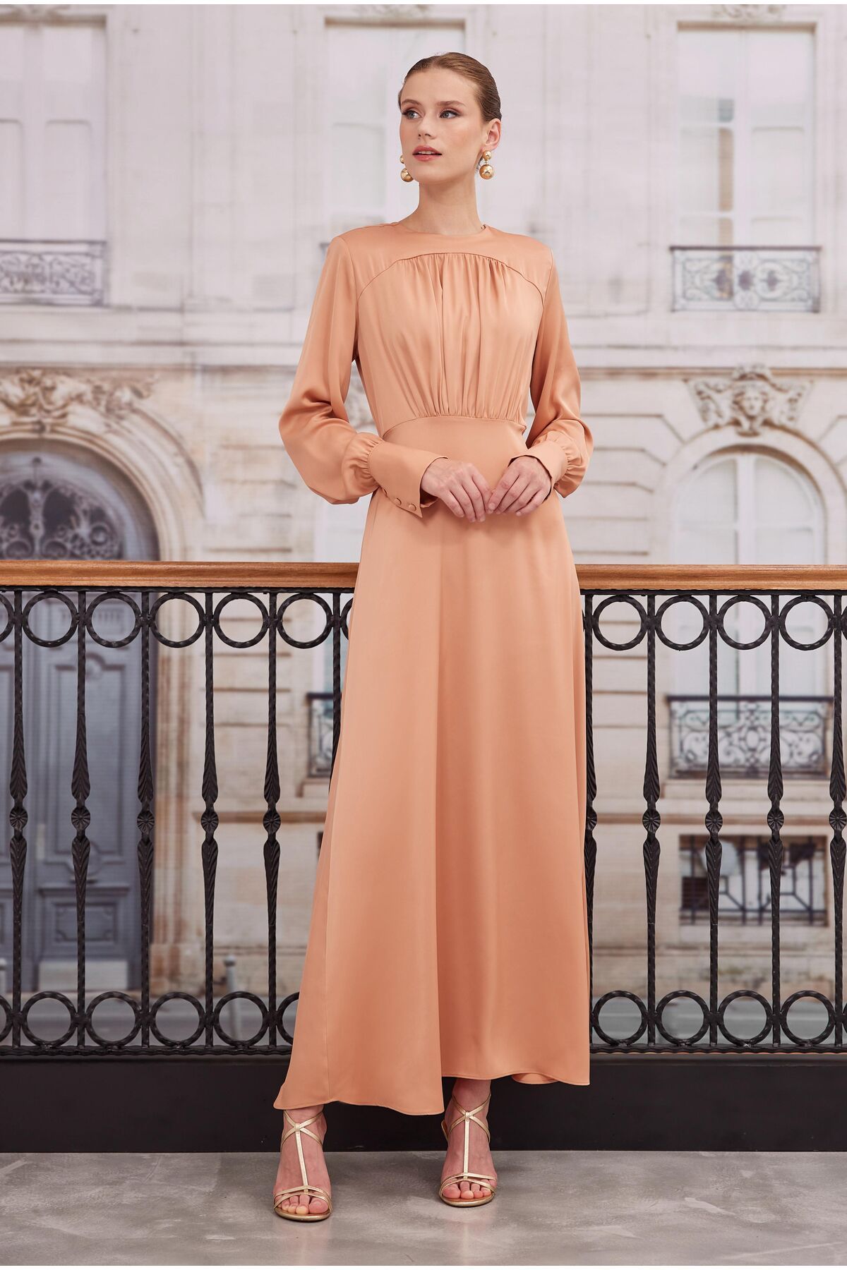 HEQA-Salmon Colored Gathered Satin Dress 1