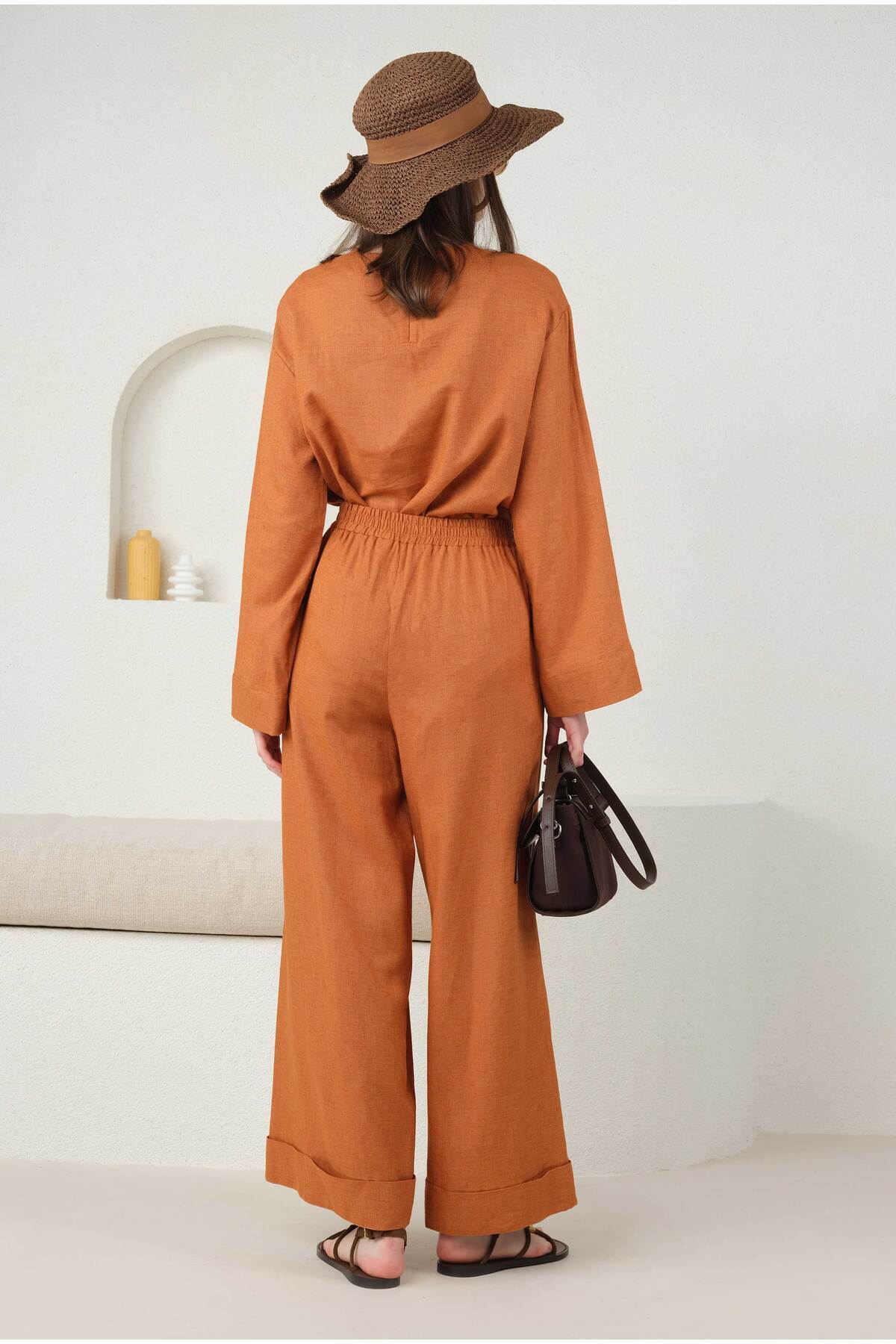 HEQA-Pantaloni largi din in papaya 4