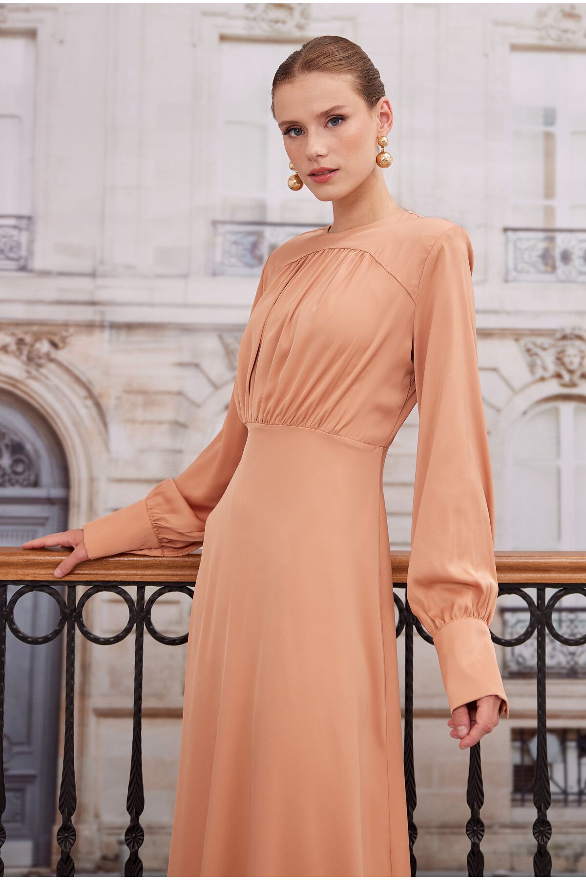 HEQA-Salmon Colored Gathered Satin Dress 2