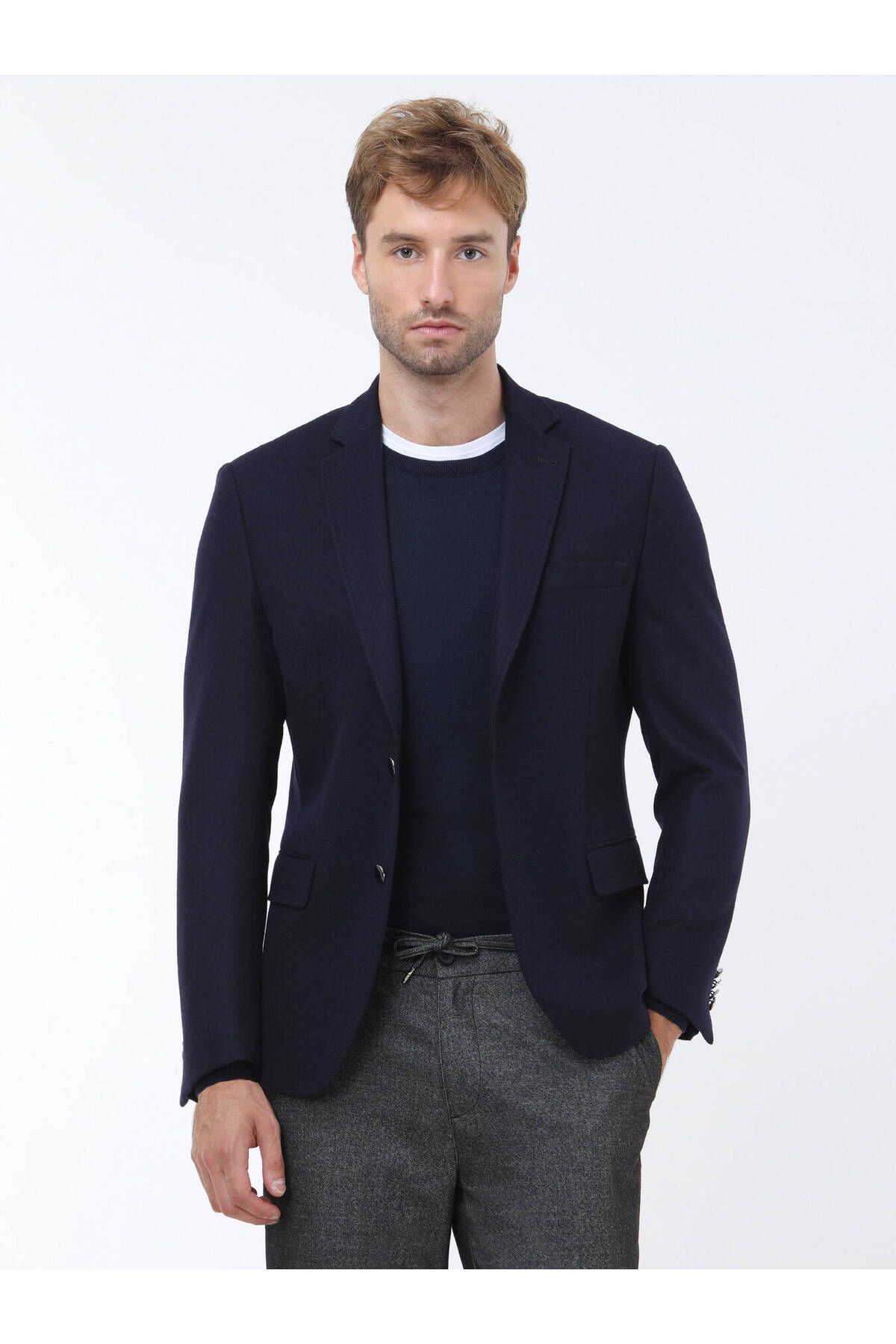 Kip-Wool Blended Navy Blue Straight Modern Fit Jacket 4