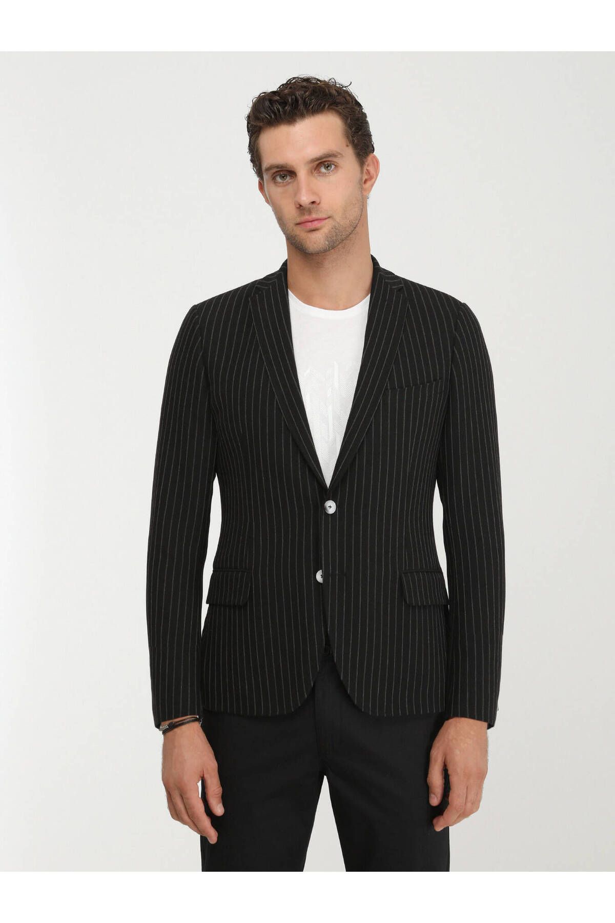 Kip-Black Striped Slim Fit Jacket 1